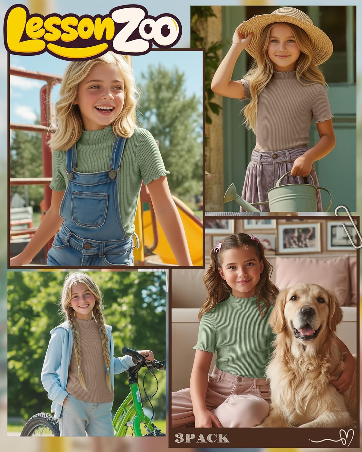 3 Pack Girls Mock Turtleneck Cotton Ribbed Shirts Short Sleeve Slim Lettuce Trim Tops Kids Casual Cute Basic Tees - Image 3