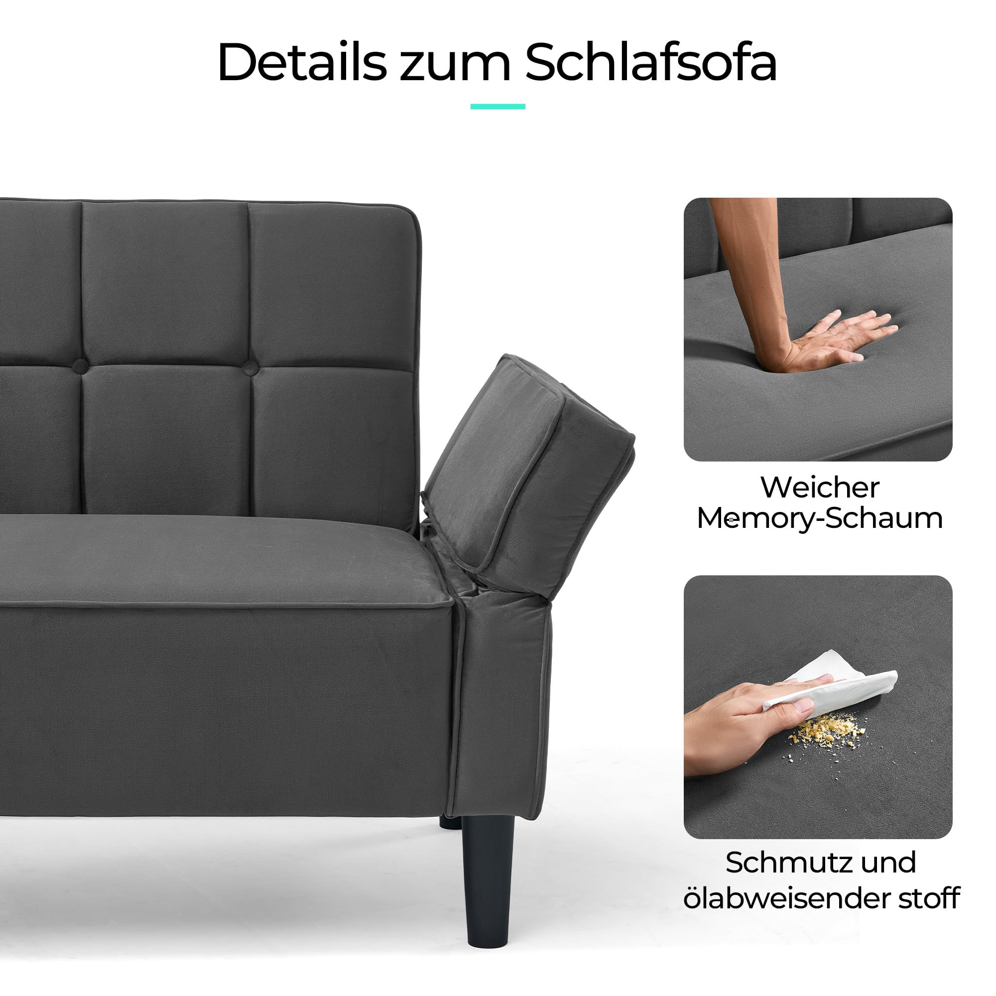 LINSY HOME Sofa mit Schlaffunktion, Klappsofa Sofa 3 Sitzer, Schlafsofa mit Verstellbarer Rückenlehne Armlehnen, 3 Sitzer Sofa mit Bettfunktion aus Samtstoff (Grau)
