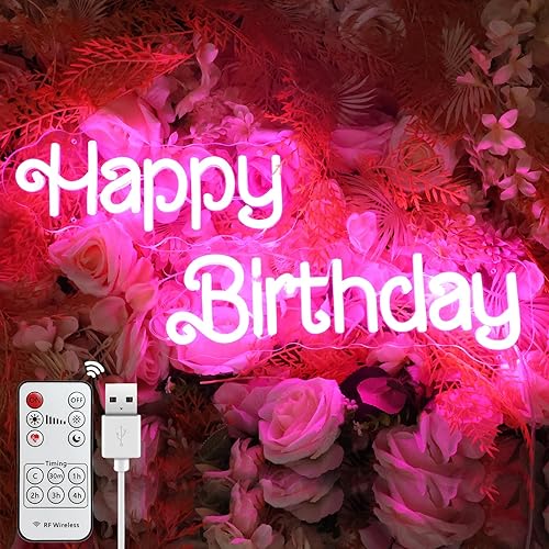 MiMaik Lagre - Letrero de neón de feliz cumpleaños con temporizador para telón de fondo, letreros LED de neón de feliz cumpleaños de 25 pulgadas con