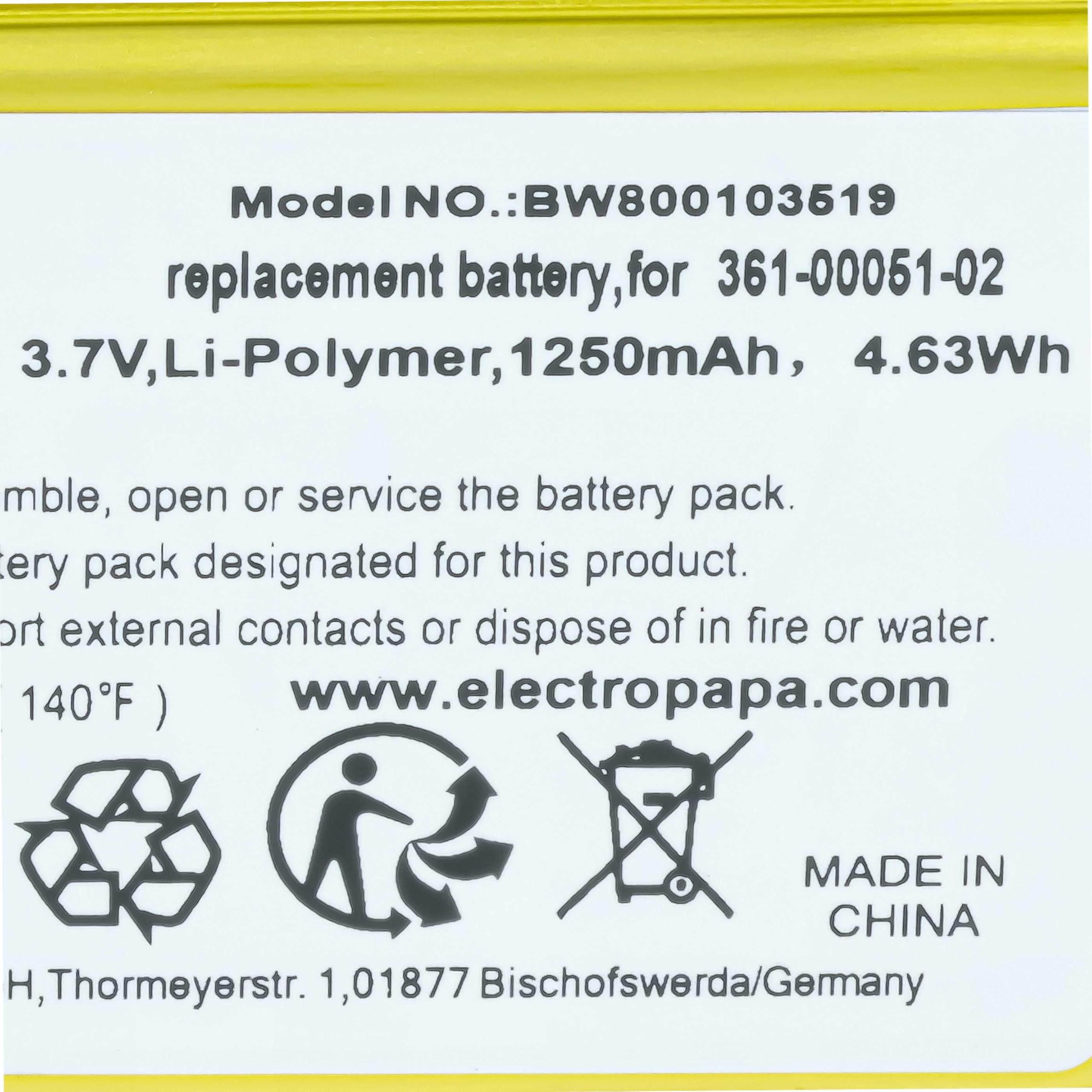 vhbw Bateria zamienna do Garmin 361-00051-01, 361-00051-02, 361-00051-00 do nawigacji GPS (1250 mAh, 3,7 V, Li-Ion)