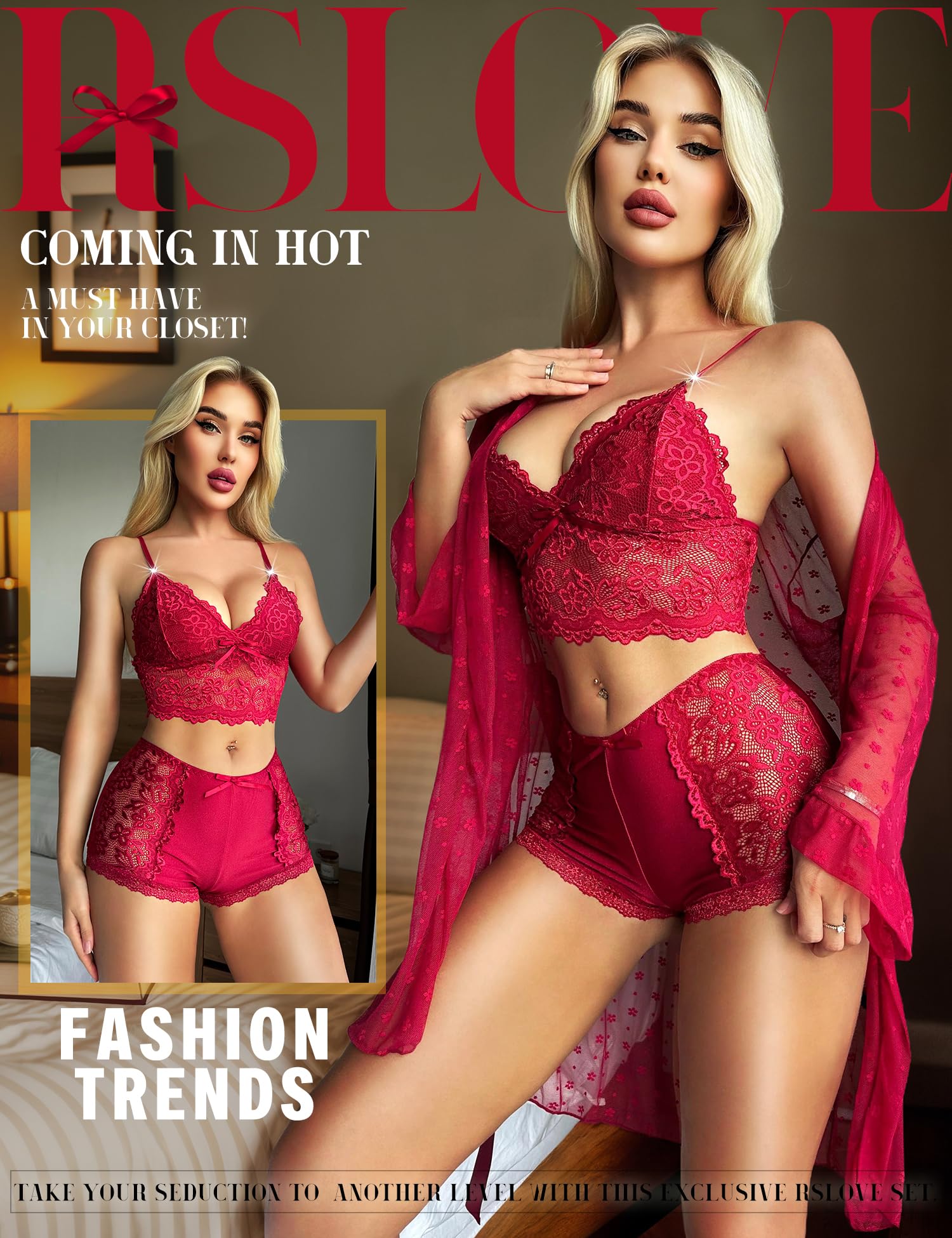 RSLOVE Set di biancheria intima da donna sexy - biancheria intima in pizzo da notte da donna, 3 pezzi con abito