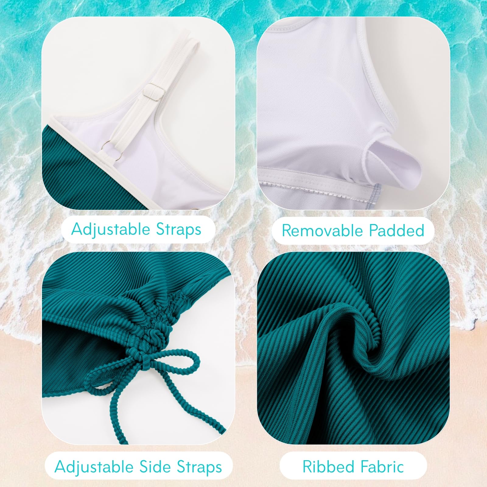 Weixinbuy Maillot de bain côtelé pour filles - Bretelles réglables - Couleurs contrastées - Maillot de bain une pièce