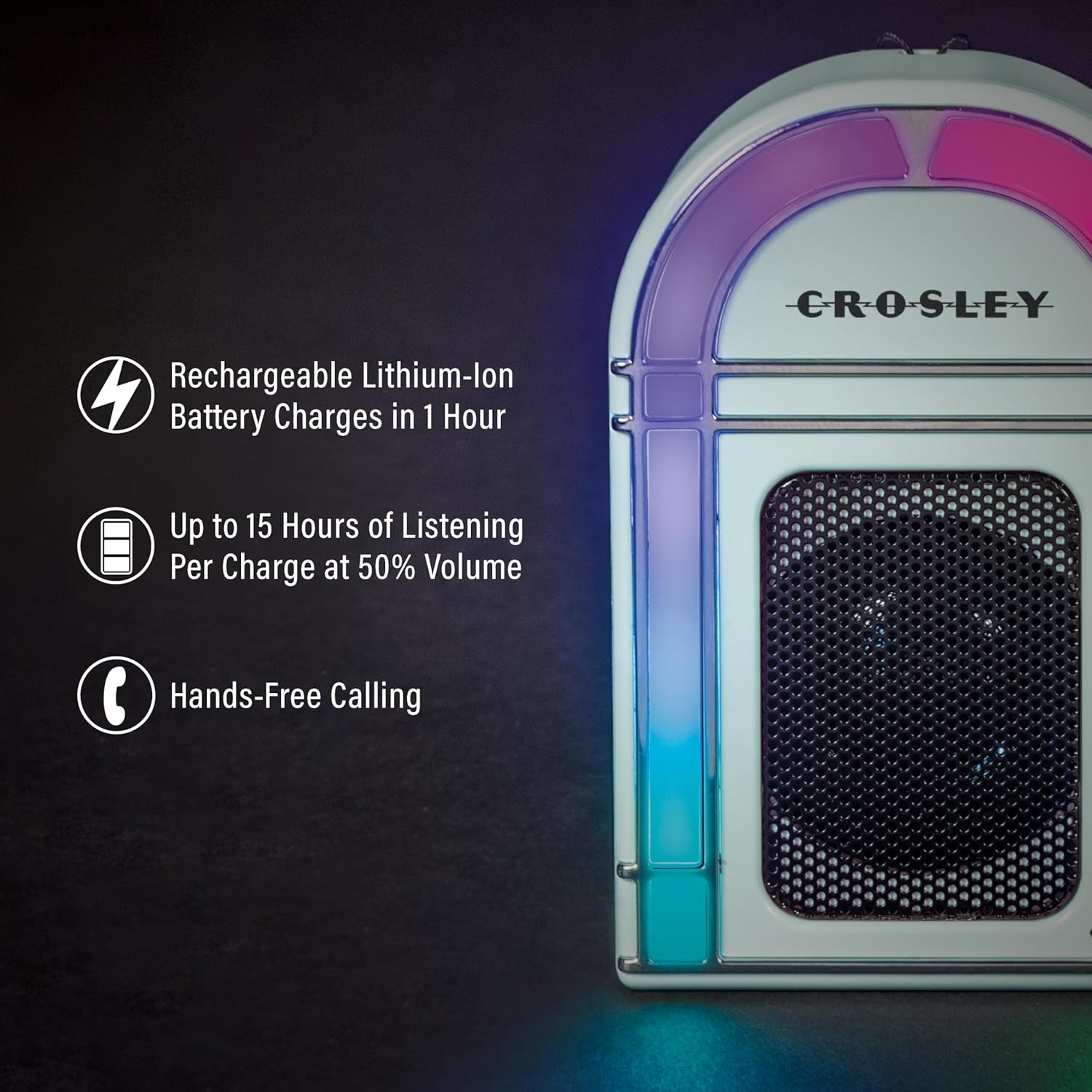 Features of Crosley Mini Jukebox Speaker: Rechargeable Battery, 15 Hours Listening, Hands-Free Calling