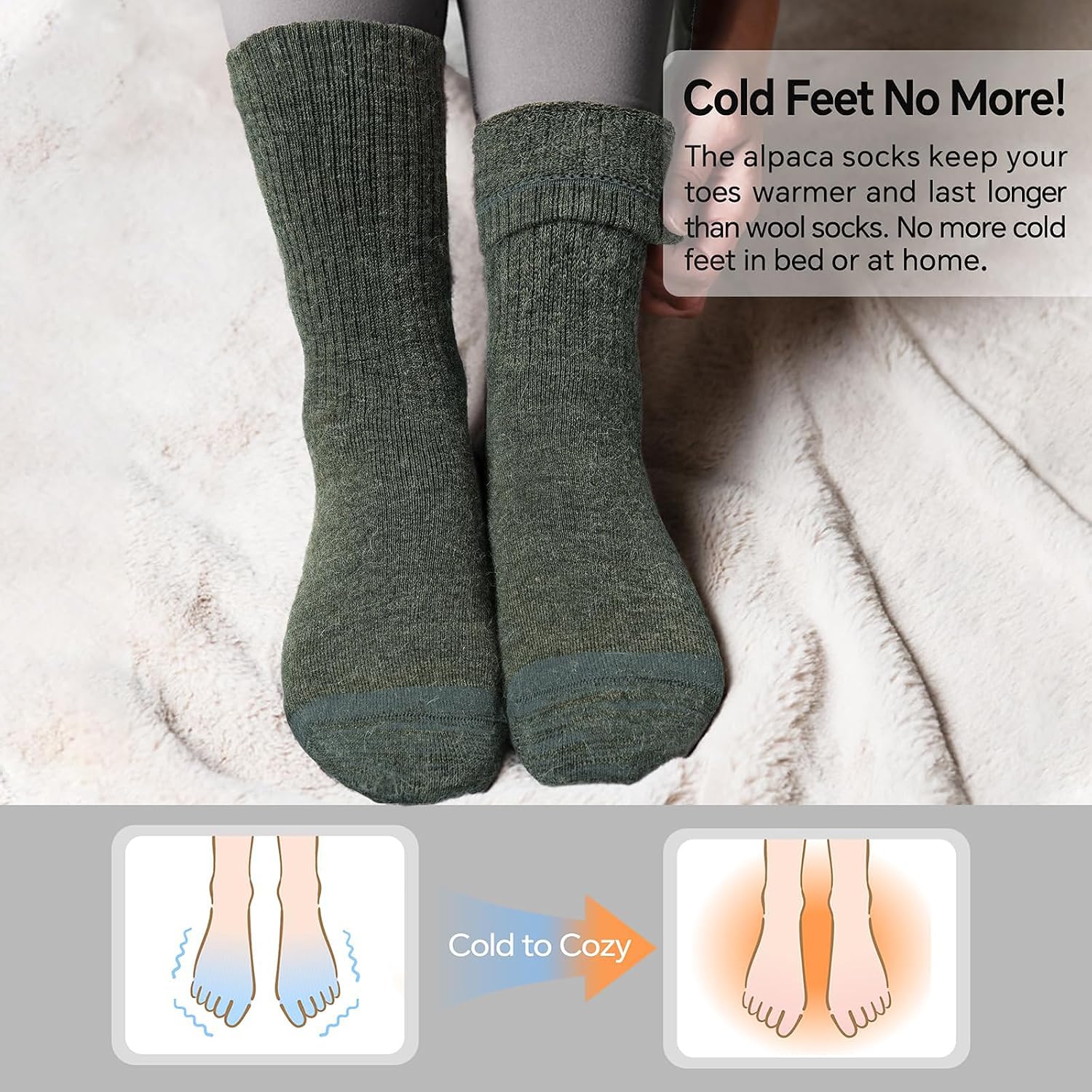  Alpaca Wool Socks for Men and Women - Non-Itchy, Full Cushion Warm Crew Socks - for Cold Weather, Hiking thumbnail