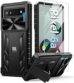 for Google Pixel 6a Case: Shockproof Protective Rugged Phone Cover with Kickstand & Camera Lens Slide | Drop Proof Military-Grade Protection TPU Hybrid Bumper Cases for Pixel 6a - Black