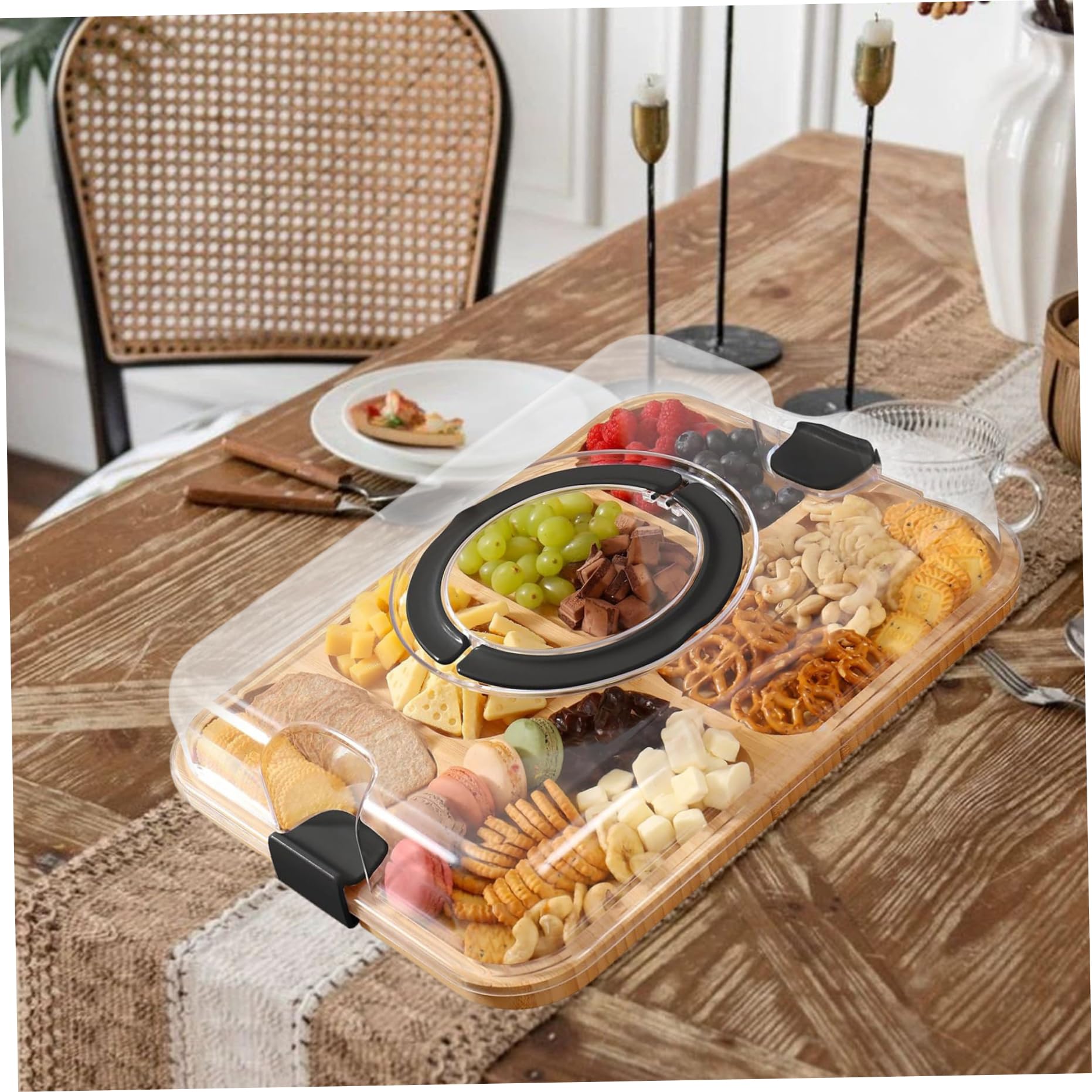 Charcuterie-Brett mit Deckel, Bambus-Charcuterie-Brett mit transparentem Deckel, Griffen, 6 Fächern, Serviertablett für Küche, Lebensmittel, Snacks, tragbares mit Reisefunktion