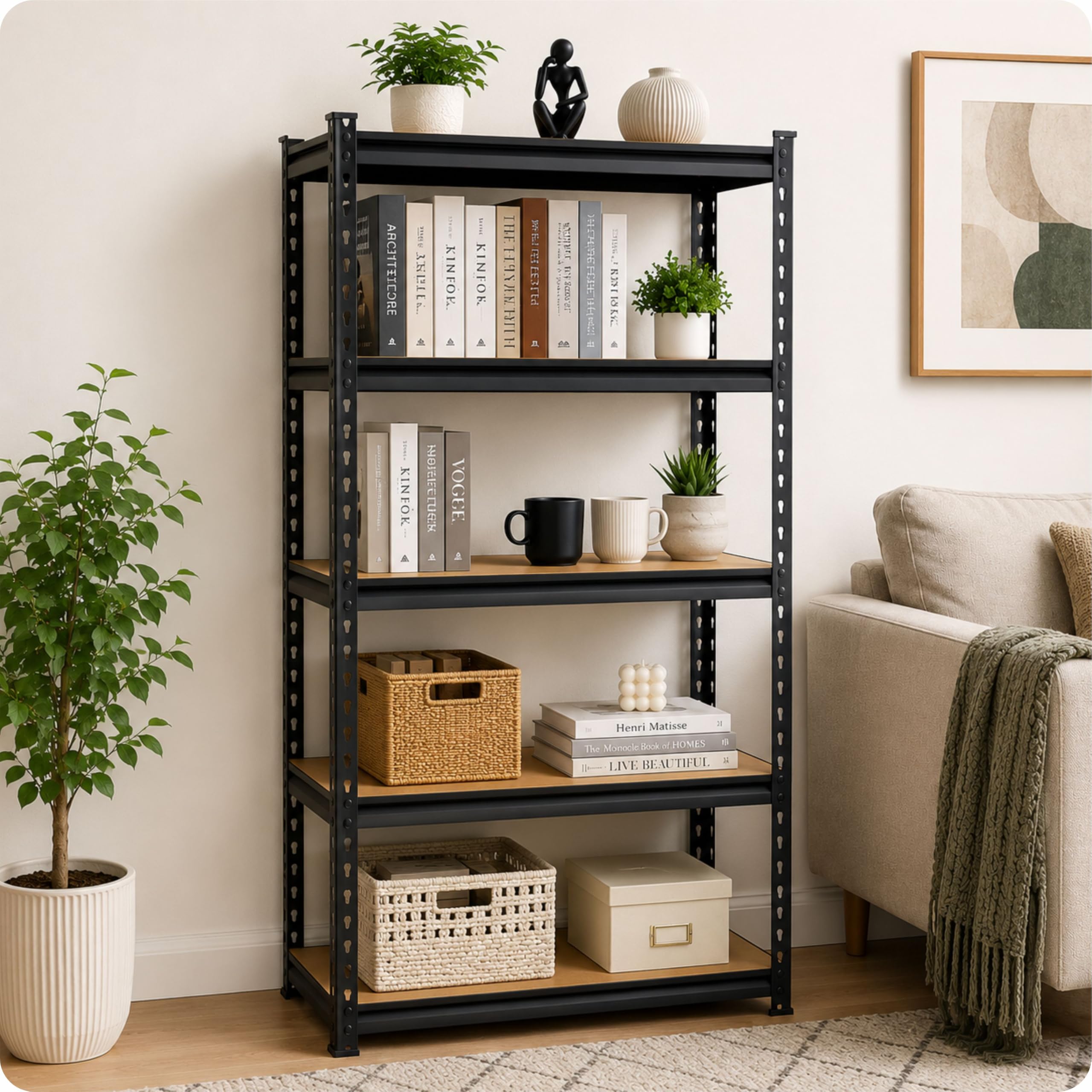 TEKCOOL 5-Shelf Adjustable Boltless Metal Shelving Unit/60 x 24 x 12 Inch Metal Storage Rack with Wooden Planks/Standing Shelf Unit for Home/Garage/Office & Shop/Utility Display Rack (Black);-picture-27