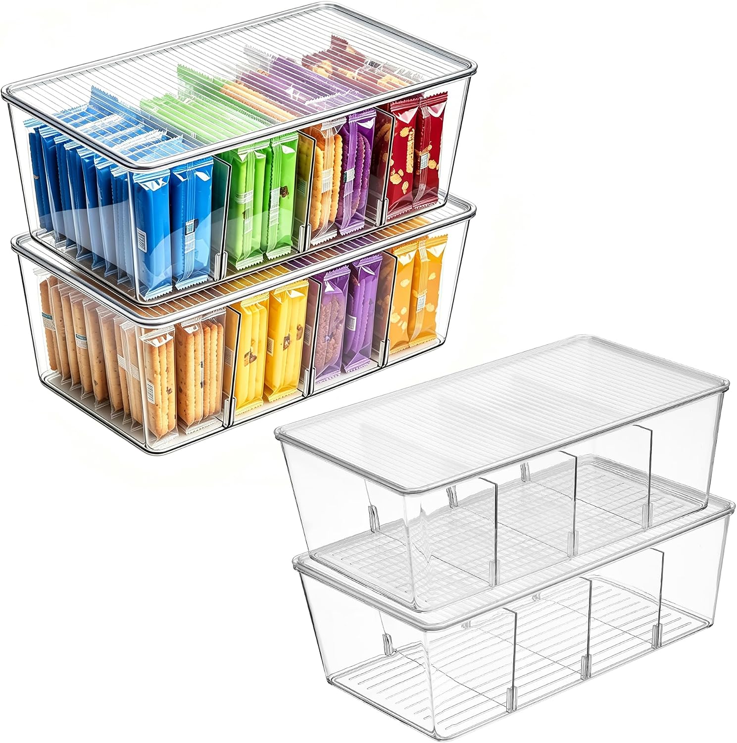 Vtopmart 4 Pack Stackable Pantry Organizer Bins with Lids, Clear Plastic Storage Containers with Removable Dividers, Tea Bag Organizer for Snack Packets, Spice Packets and Kitchen Cabinet Storage