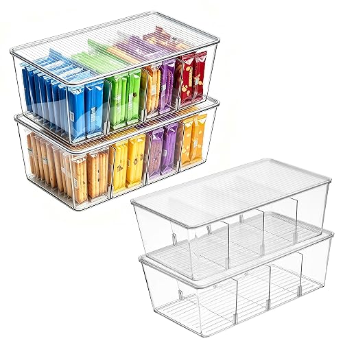 Vtopmart 4 Pack Pantry Organizer Bins with Lids, Removable Dividers