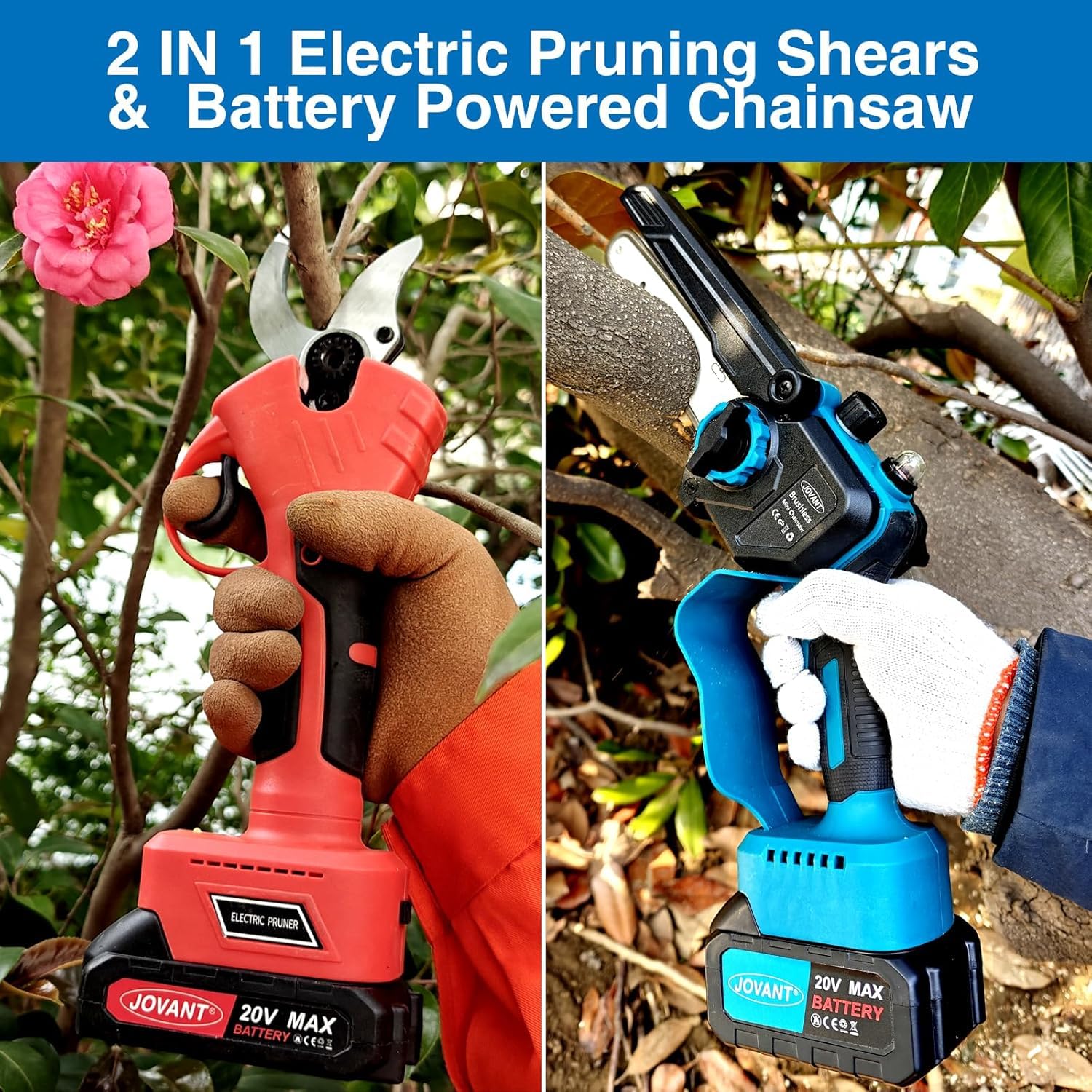 Cesoie elettriche 2 in 1 per potatura a catena, taglierina elettrica per albero da 1,2 pollici, sega a batteria da 6 pollici con batteria da 20 V 4,0 Ah, attrezzi da giardino per rami di alberi
