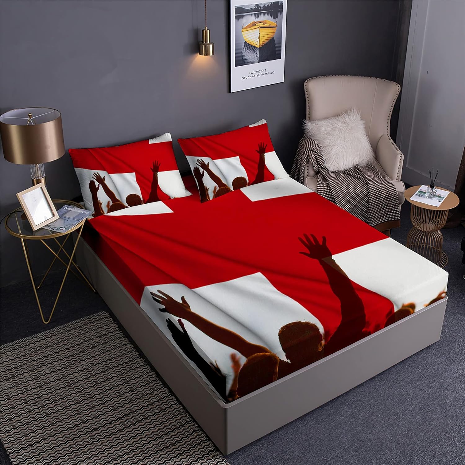 England Soccer Design Fitted Sheet Set The Three Lions England National Football Team Prints Bedding Set | with Fitted Sheet and 2 Pillowshams(3pcs) or Comforter(4pcs) (A,Queen-4PCS)