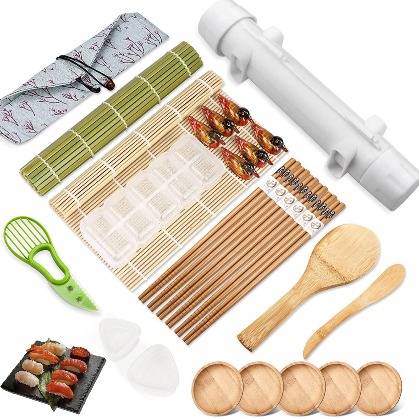 Sushi Making Kit, 27 in 1 Sushi Roller Maker Kit with Bamboo Mats, Chopsticks, Sauce Dishes, Rice Spreader, Avocado Slicer for Beginners, Family, Friends, Home