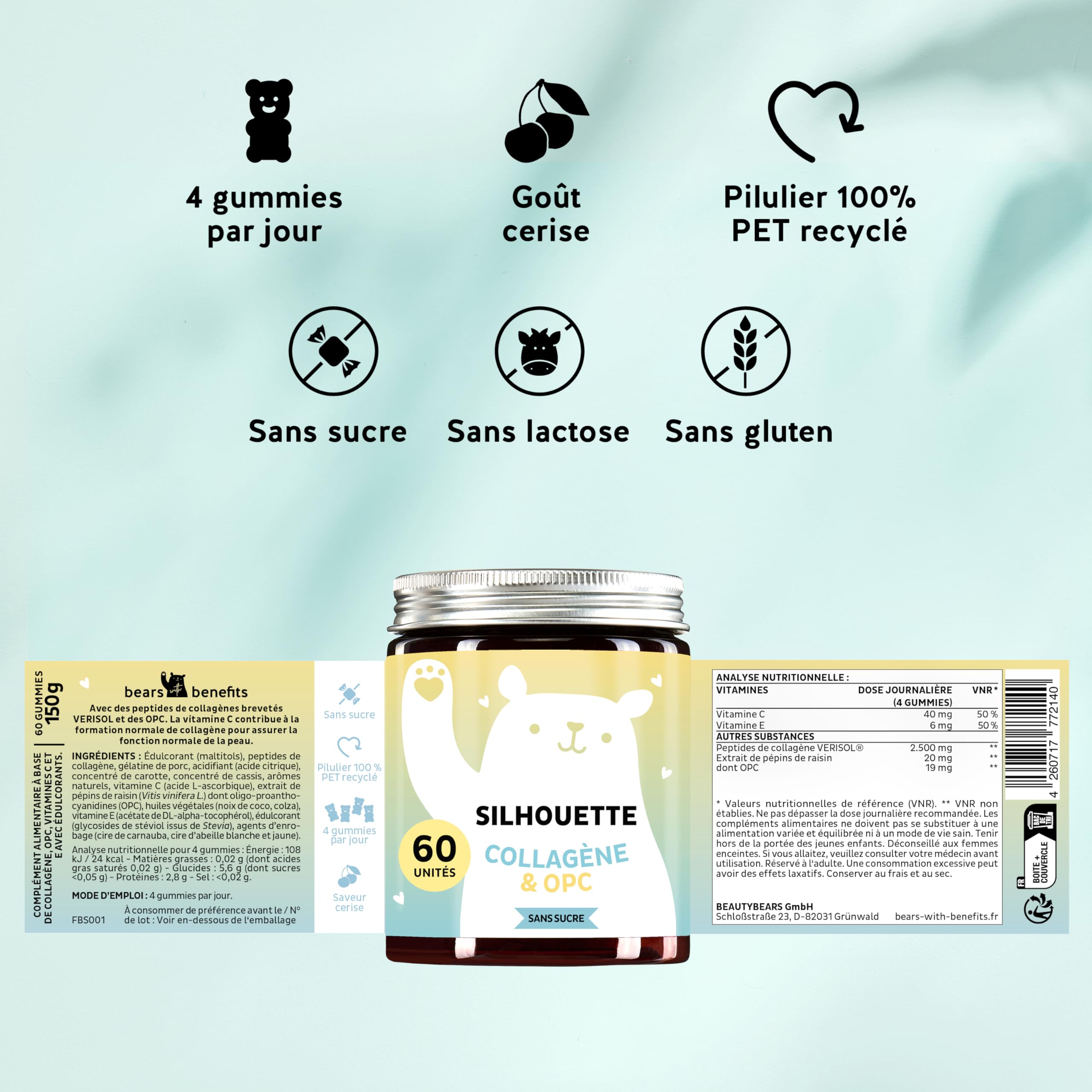 Silhouette Gummies Belles Courbes - Peau Ferme - Peptides de Collagène Hautement Dosé, Opc et Vitamine C & E - 60 Gummies - Sans Sucre - Bears with Benefits