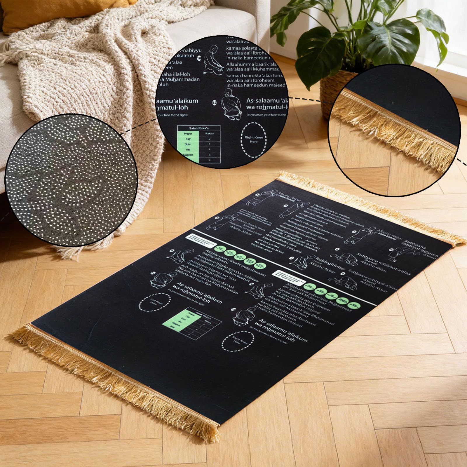 Générique Tapis De Prière Guidé Bilingue pour Pratique De Salah pour Nouveaux Musulmans Convertis Et Enfants, Apprentissage Étape par Étape pour Maison Et Voyage (Black, 50x90cm) - 5