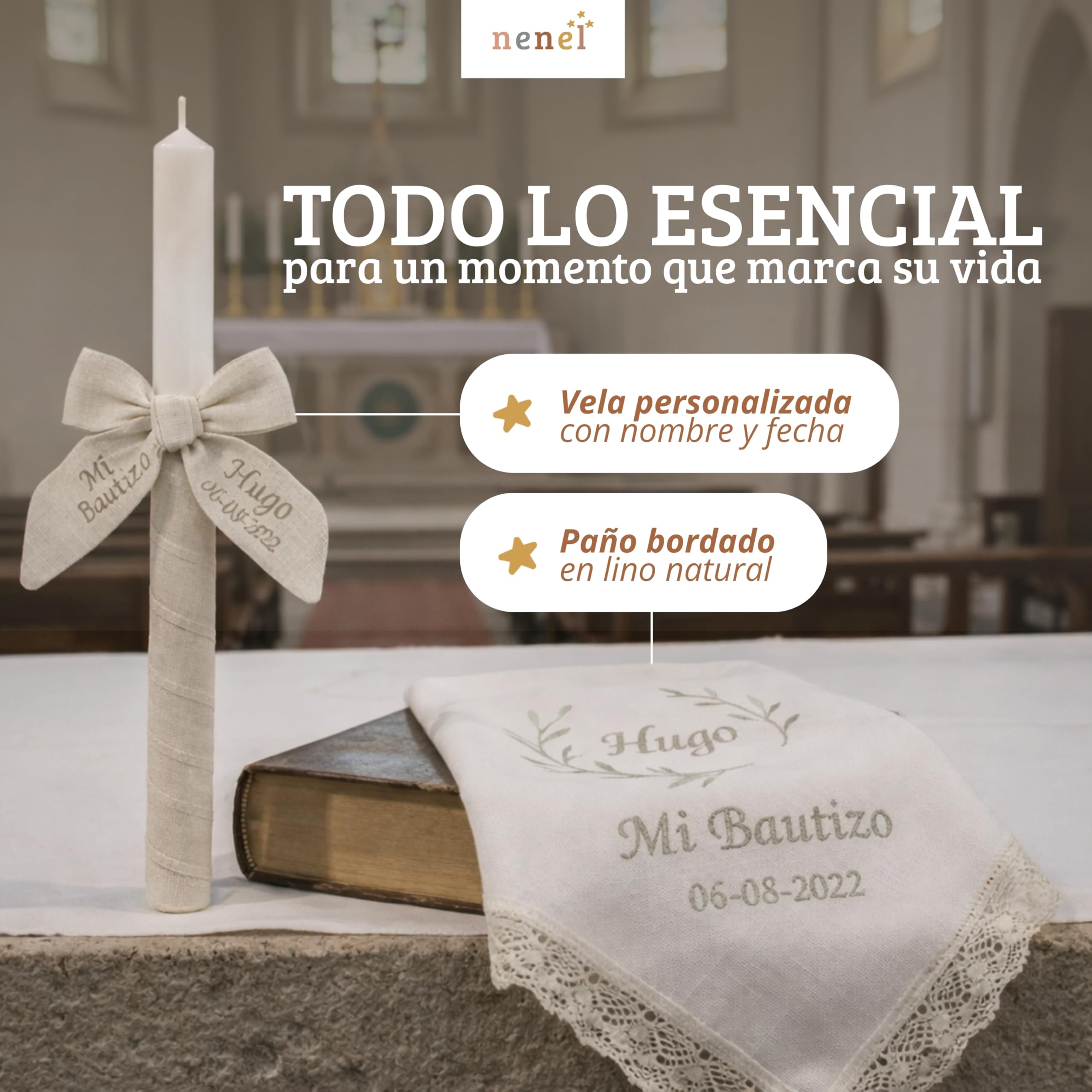 Bambule Beige Kit de Bougie et Mouchoir Personnalisé pour Baptême