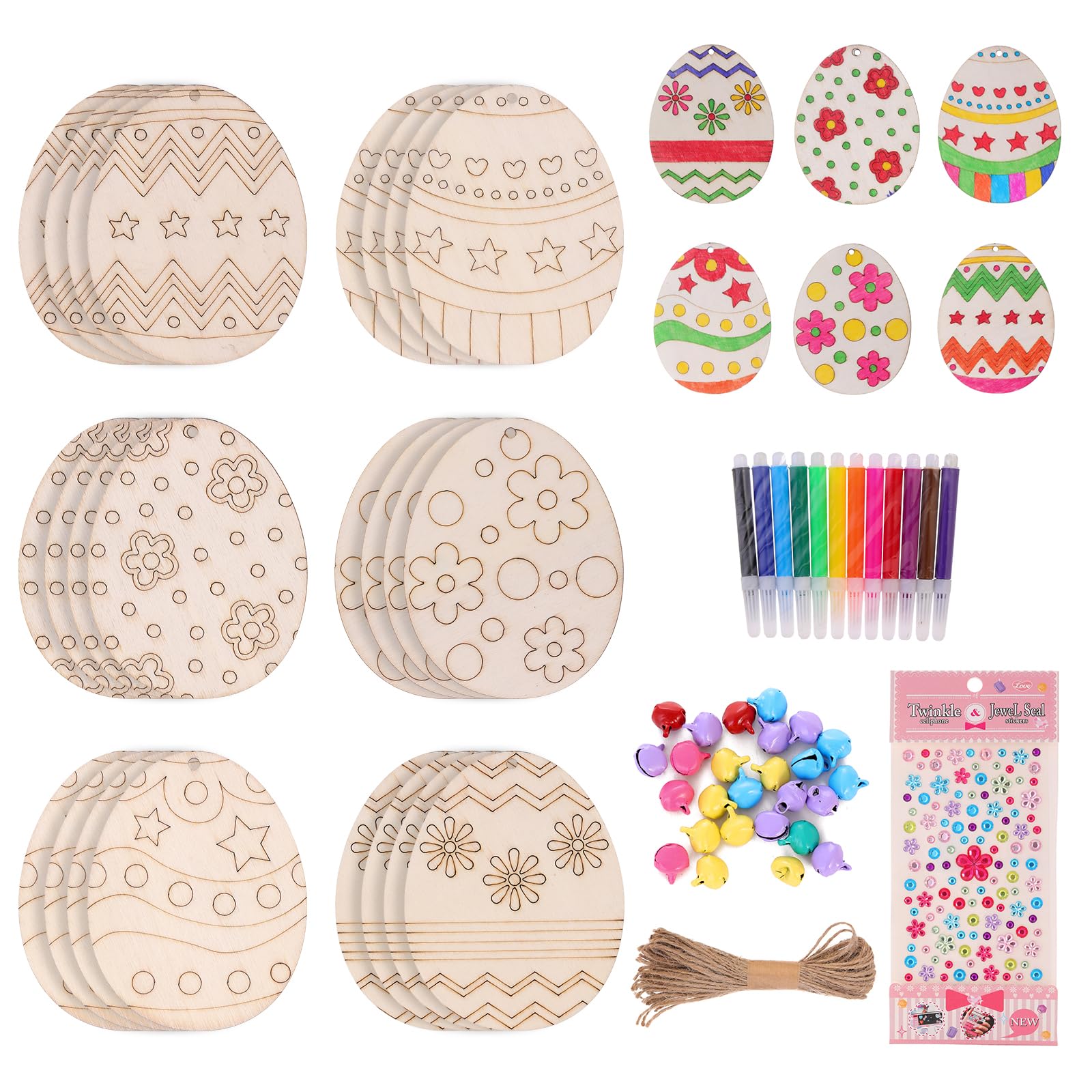 HBell Easter Wooden Crafts Wood Ornaments Kits,Easter Wooden Egg Crafts DIY Eggs Hanging Set for Kids Easter Party Supplies Kids Painting Arts Crafts Spring Home Garden Decor (Egg)