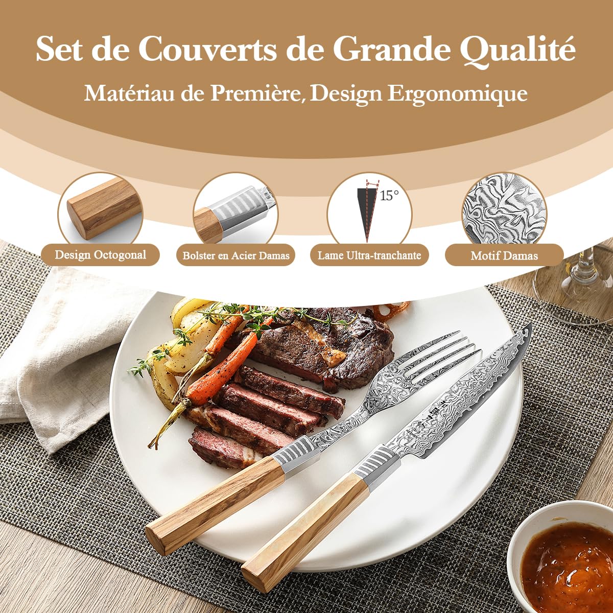 HEZHEN Set de Couverts 2 Pièces, Ensemble de Couteaux à Steak Damas | Inclut des Couteaux à Steak et Fourchettes,Acier Damas à 67 Couches,Manche Octogonal en Bois d'Olivier,pour Couteau de Table