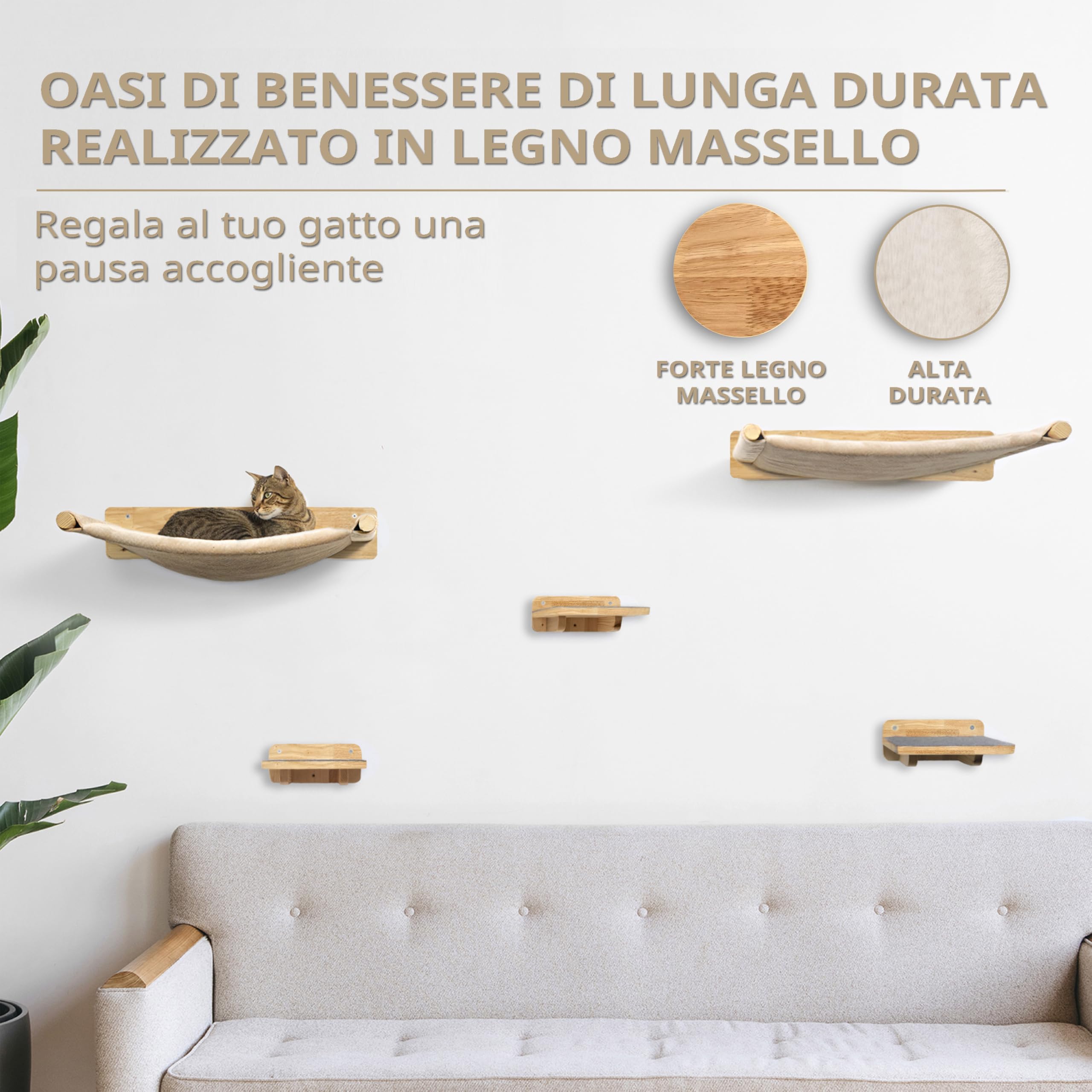 WOOWOOD Parete da arrampicata per gatti con 2 scale, albero tiragraffi amaca e mobili per gatti