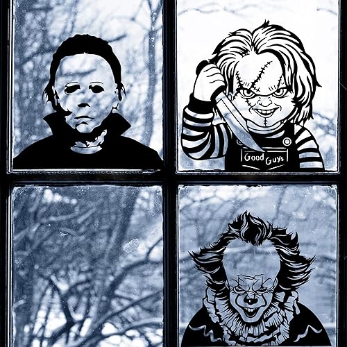 Miniatura 4 de 6 calcomanías para ventana de Halloween, personajes de película de terror, decoración de ventana de personajes de Halloween grandes y aterradores,