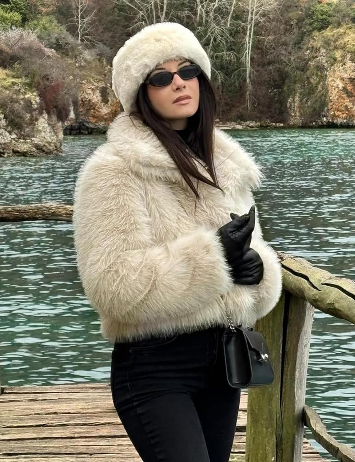 COZYPOIN Womens Faux Fur Jacket Fluffy Fur Coat Cropped Long Sleeve Lapel Button Down Fuzzy Winter Outerwear - Image 7