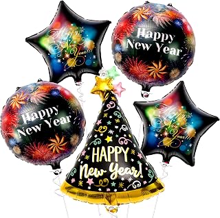KatchOn Large Happy New Year Balloons - 28 Inch, Pack of 5 | Foil Balloons for NYE Decorations | Eve Party Supplies 2025