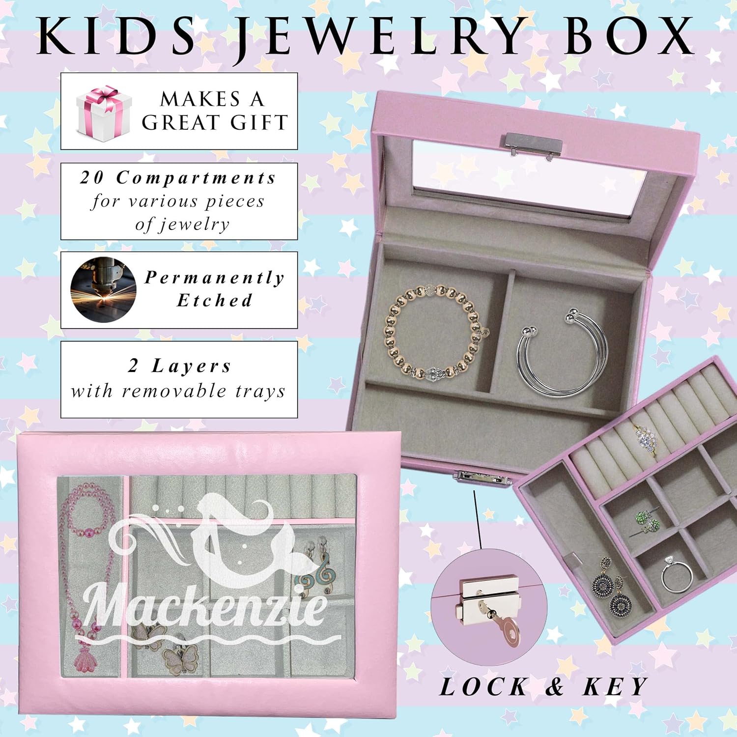 My Personal Memories Personalized Jewelry Box for Girls - Custom Engraved with Name and Ballerina, Mermaid, Unicorn and more (Pink)