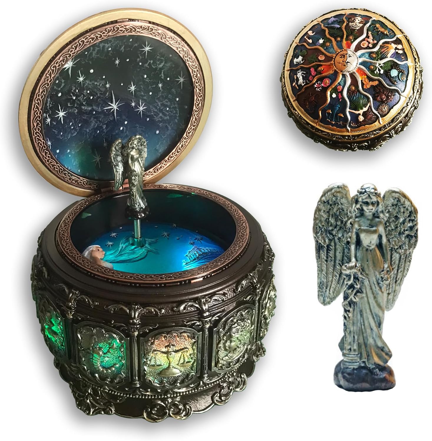 BinkeGG Play (Swan Lake) Vintage Zodiac Music Box with Rotating Virgo Goddess Twinkling LED Lights 12 Constellations Music Box with Sankyo Musical Movement
