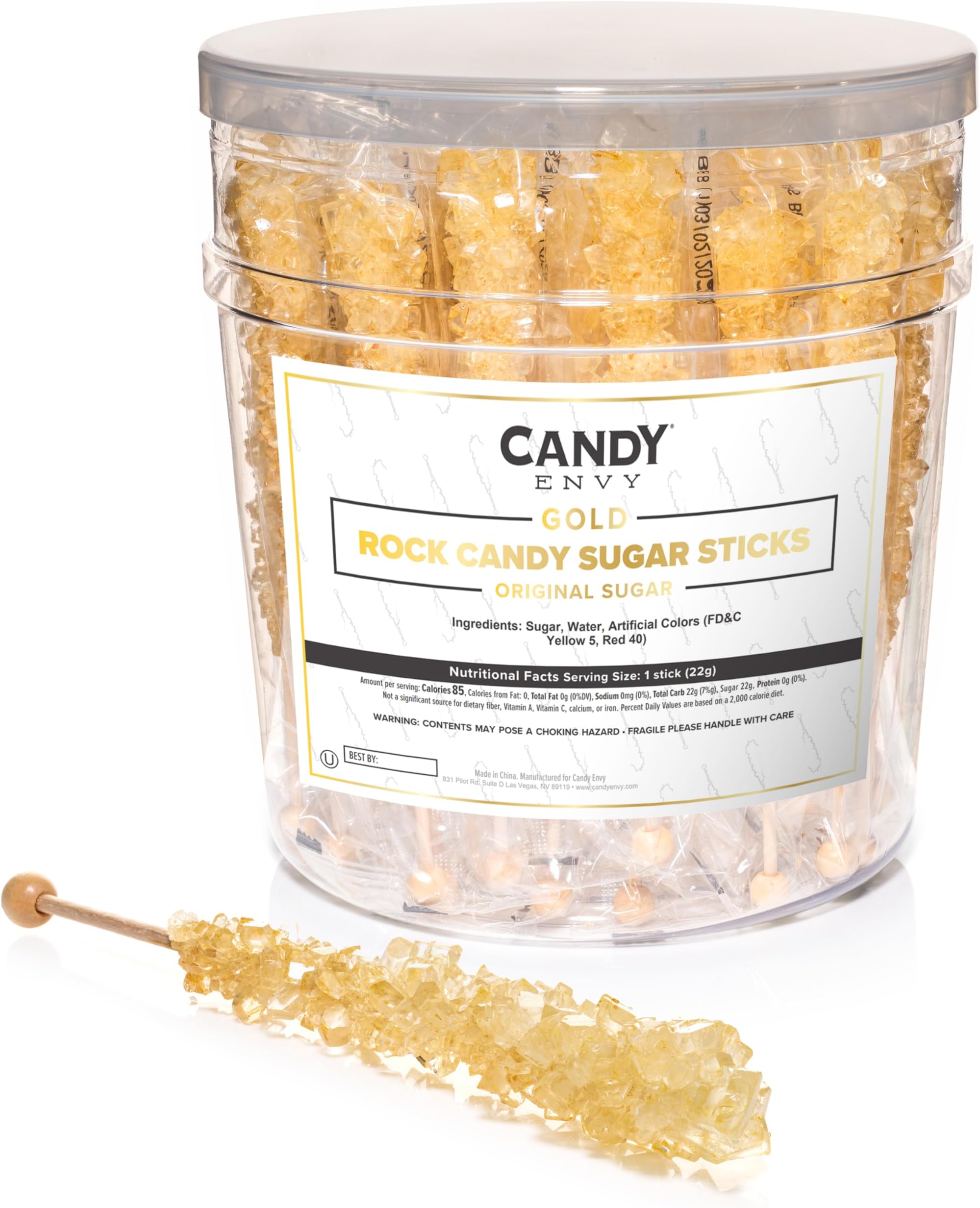 Gold Rock Candy Sugar Sticks - Original Sugar Flavored - 36 Individually Wrapped Candy Gold Party Favors