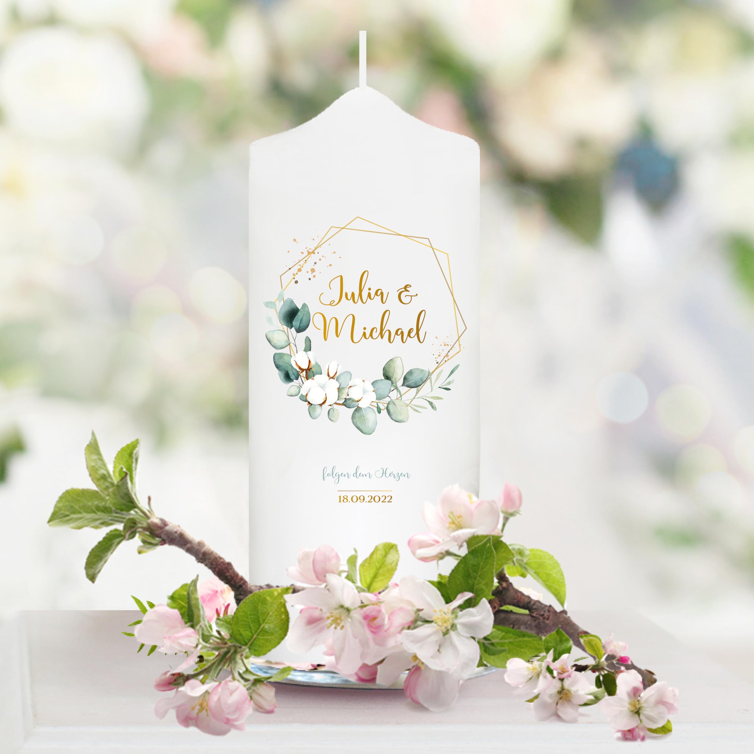 Bougie Mariage personnalisée motif Eucalyptus – Cierge avec prénoms et date – Bougie imprimée + 2 bougies invité – Cadeau de mariage – 25 x 7 cm