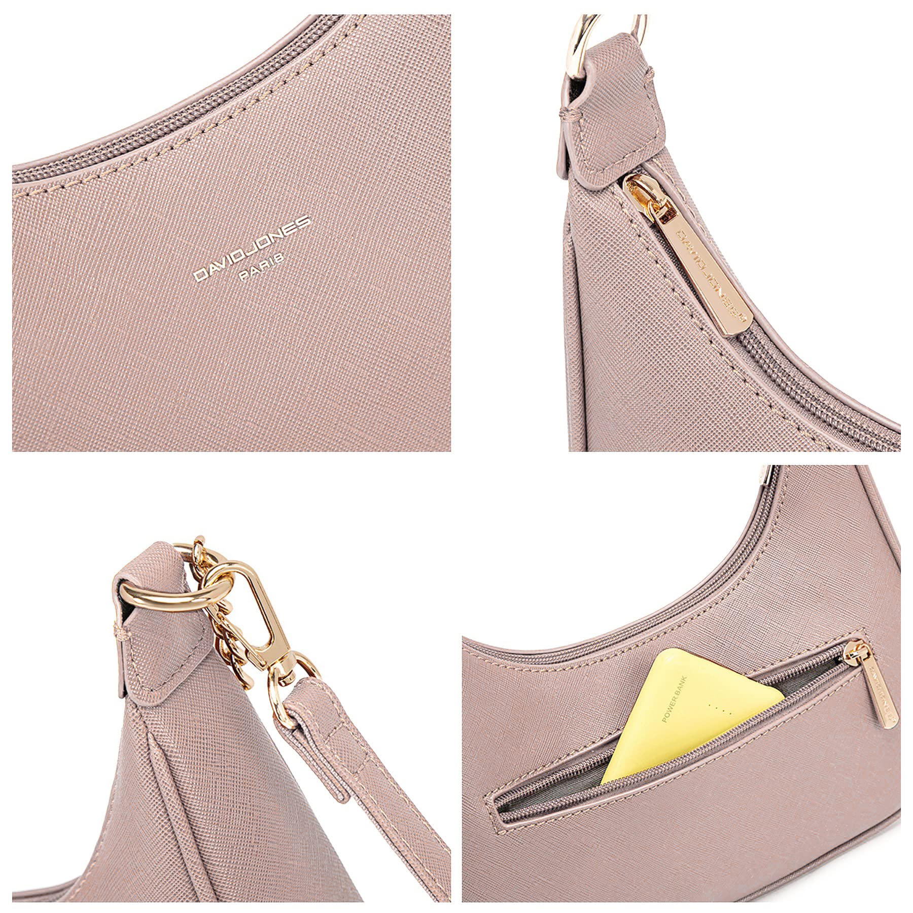 David Jones - Petit Sac Porté Epaule Forme Banane Femme - Sac à Main Hobo Bandoulière Chaînes Simili Cuir PU Rigide Porté Sous Epaule Bras - Besace Sacoche Ville Mode Tendance Elegant - Rose