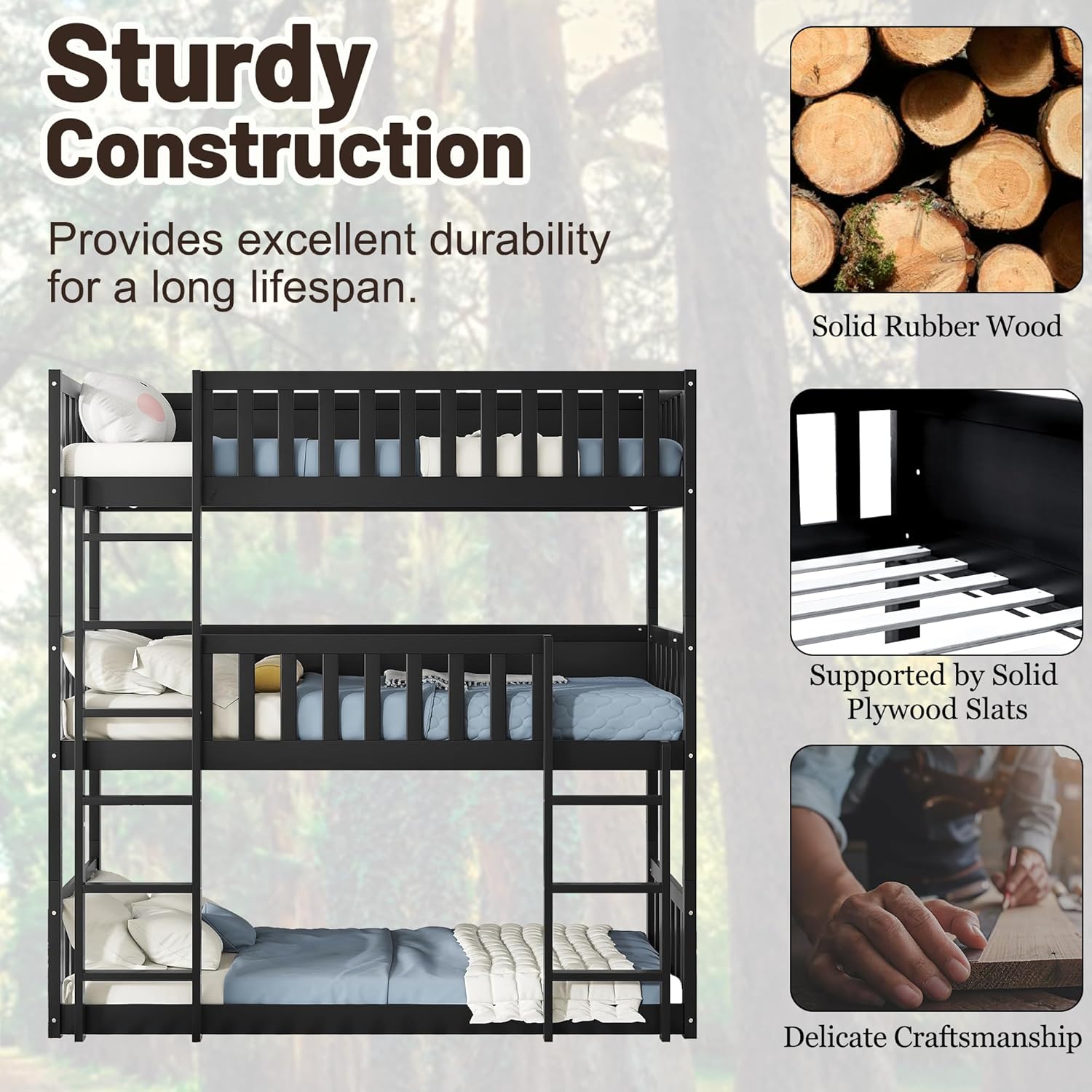 Triple Bunk Bed for Kids,Wood 3-in-1 Twin Bunk Beds, Convertible to 3 Separate Beds, Solid Rubber Wood Construction, Safety Guardrails & Dual Ladders,Space-Efficient Vertical Design,Black