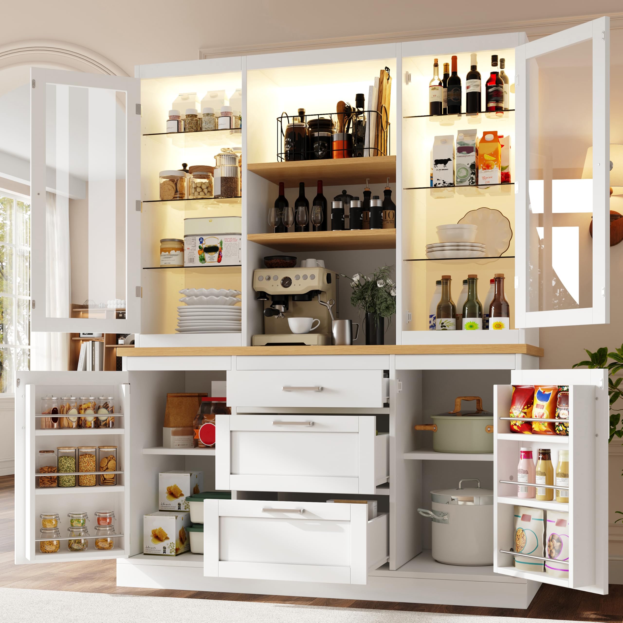 Dolamaní Credenza da cucina, 185 x 140 x 40 cm, buffet con illuminazione a LED controllata da app, ripiani regolabili, 3 cassetti, piano di lavoro (bianco)