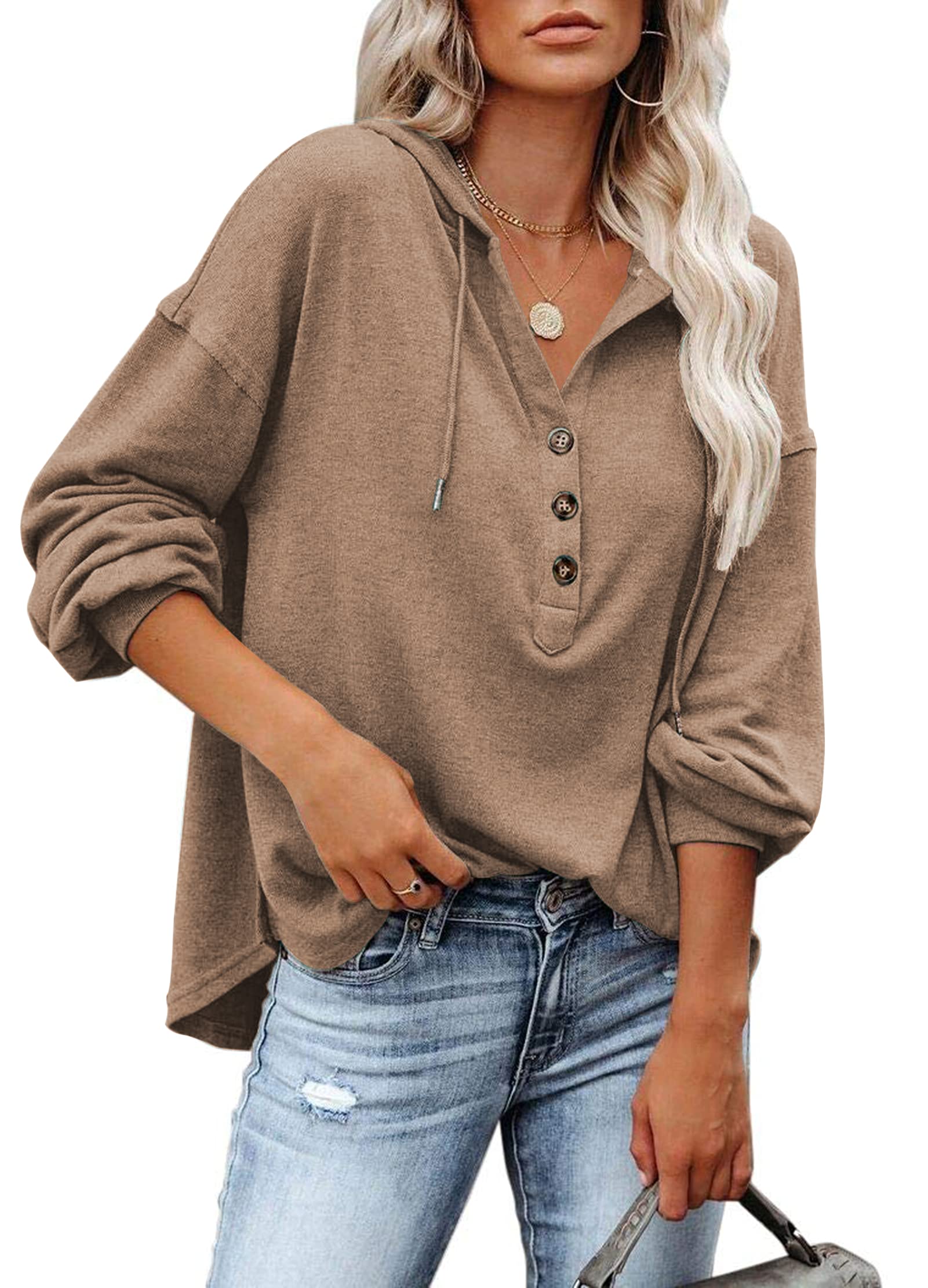ladies Oversized Jumper Long Sleeve Button Down hoodies with Drawstring