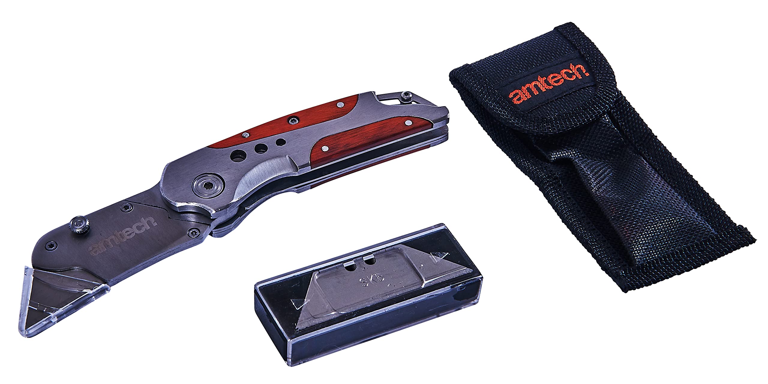 Amtech Folding Lock-Back Utility Knife, Wooden Grip with 5 Spare Blades, for Craft, DIY and Everyday Cutting. — image 1