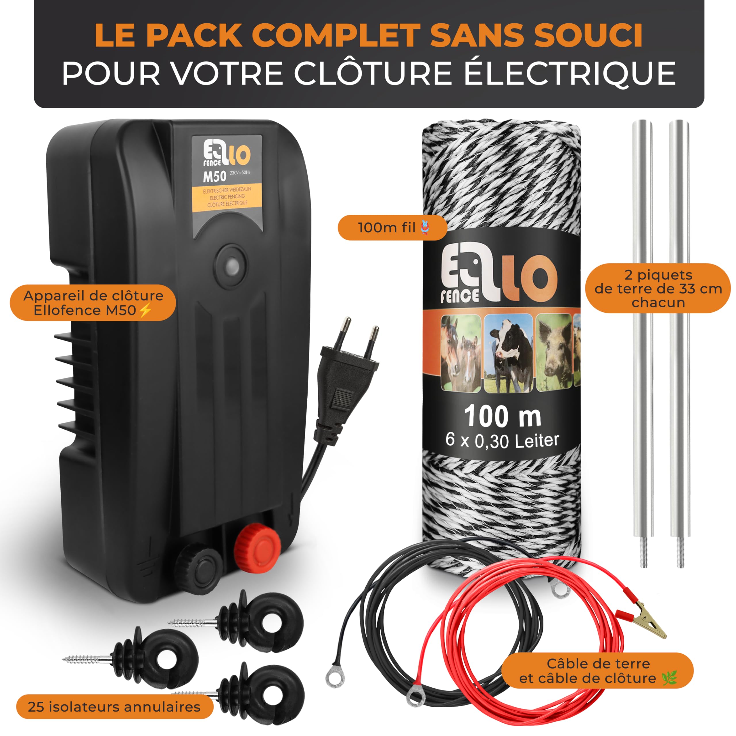 Weidezaun Starter Set XS - Premium Weidezaungerät inkl. 100m Litze, Ringisolatoren & Erdung - Komplettset für Stromzaun - Für Hunde, Katzen & Kleintiere geeignet