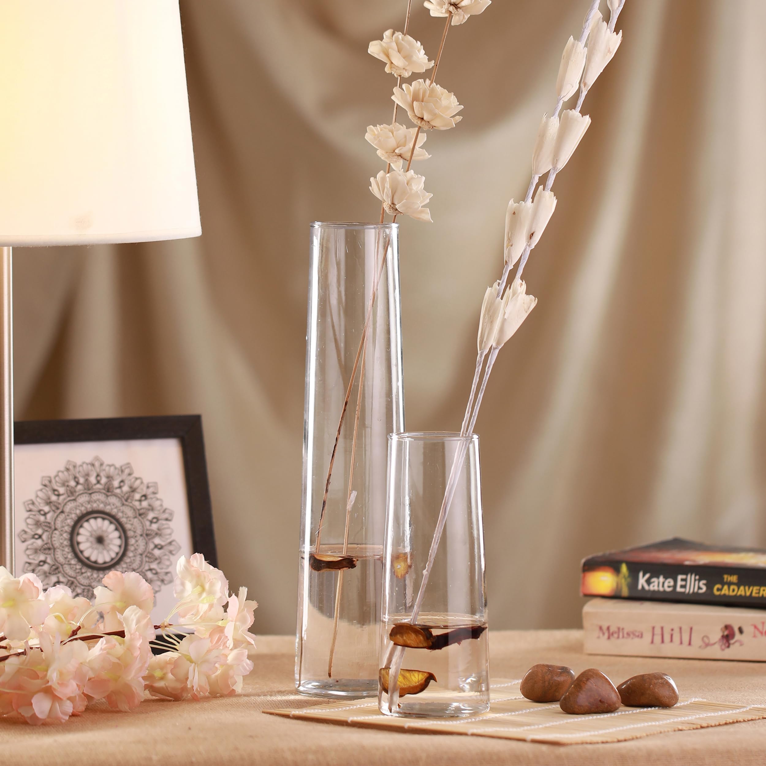 Set of 2 Flower Vase for Living Room (Transparent, 29 cm & 16.5 cm) - Glass Vase Pot for Water Plants Home Decor Dining Table Decoration Bedroom Hall Aesthetic House Warming Gift