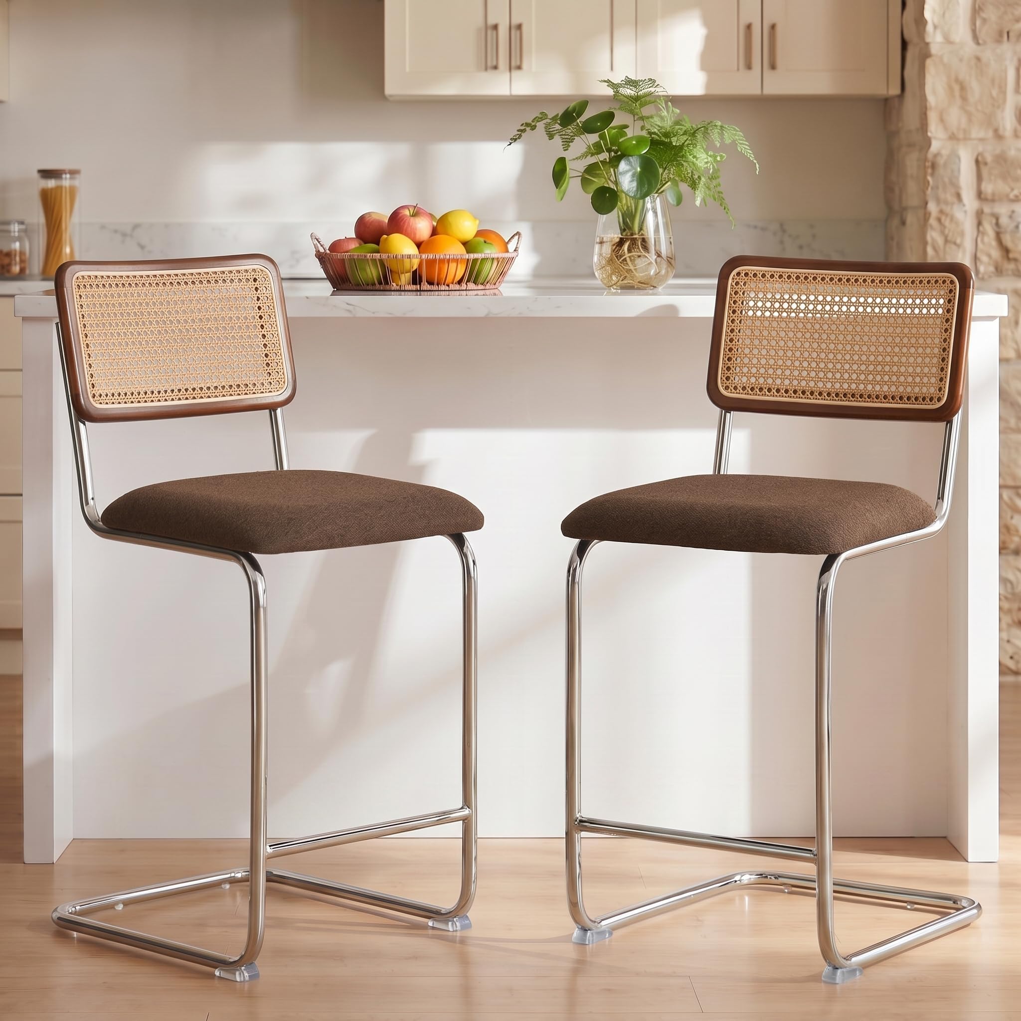 GrandNoor Natural Rattan Counter Height Stools Set of 2 with Solid Wood Back, 24 Inch Mid Century Modern Cesca Bar Stools, Brown Upholstery Boho Stool for Kitchen Counter with Chrome Metal Legs