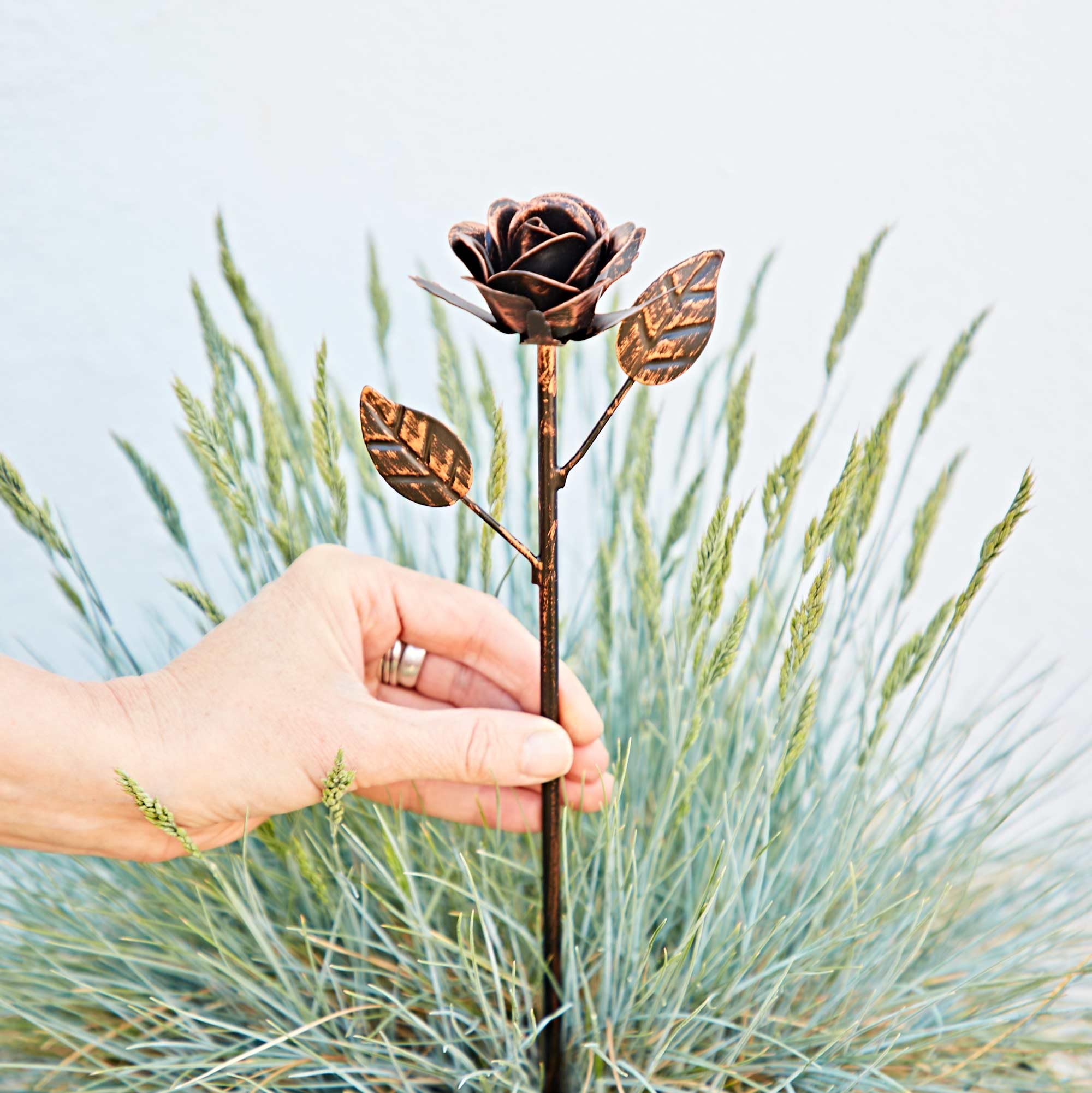 Paper High Black Recycled Iron Distressed Copper Rose Garden Stake - Outdoor Decoration - Metal Sculpture - Garden Accessory - Flowerbed Décor - Fair Trade