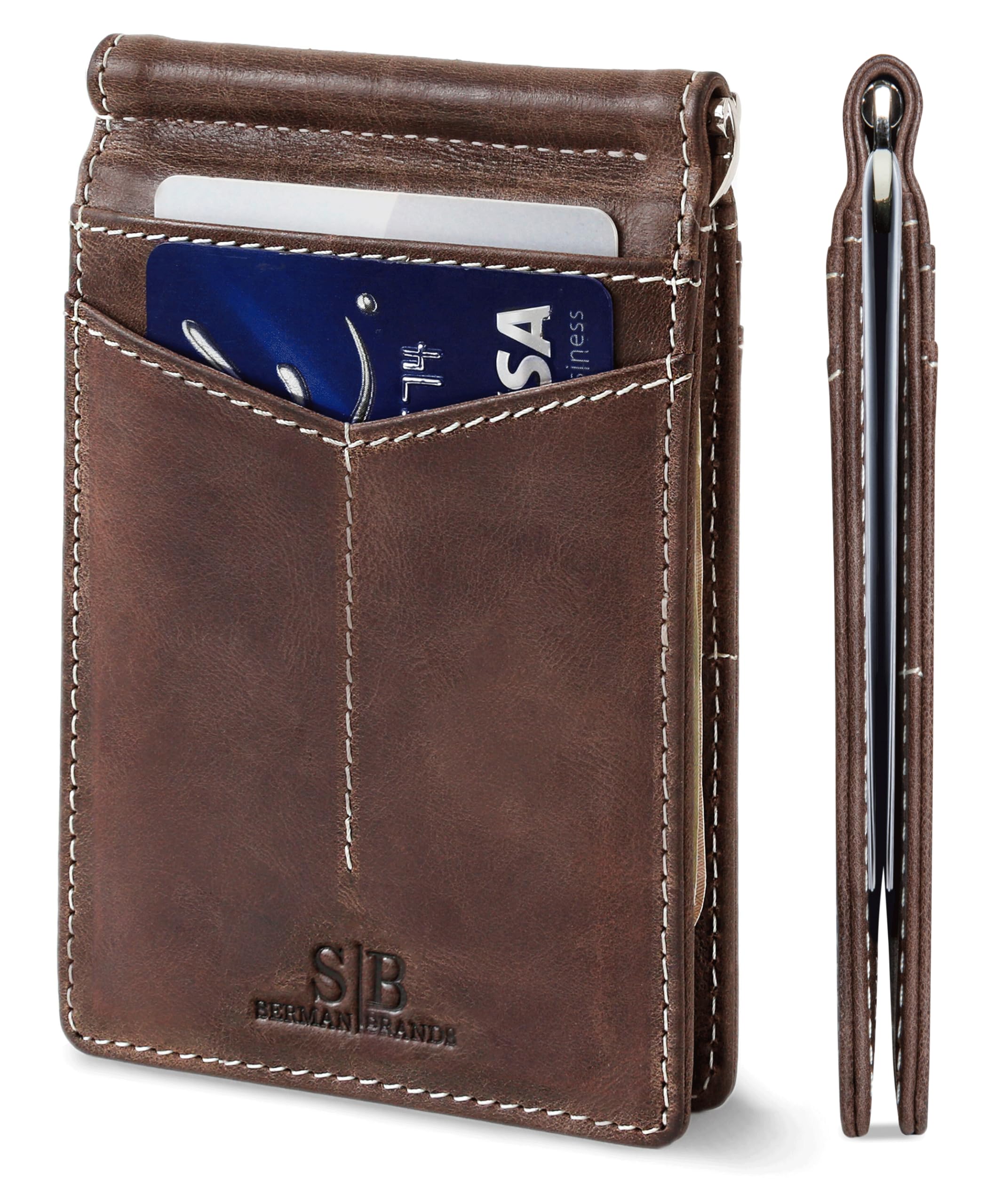 SERMAN BRANDS RFIDブロック財布 スリム 二つ折り - 本革 ミニマリストフロントポケット財布 メンズ マネークリップ付き ギフト, モーニングロースト, slim