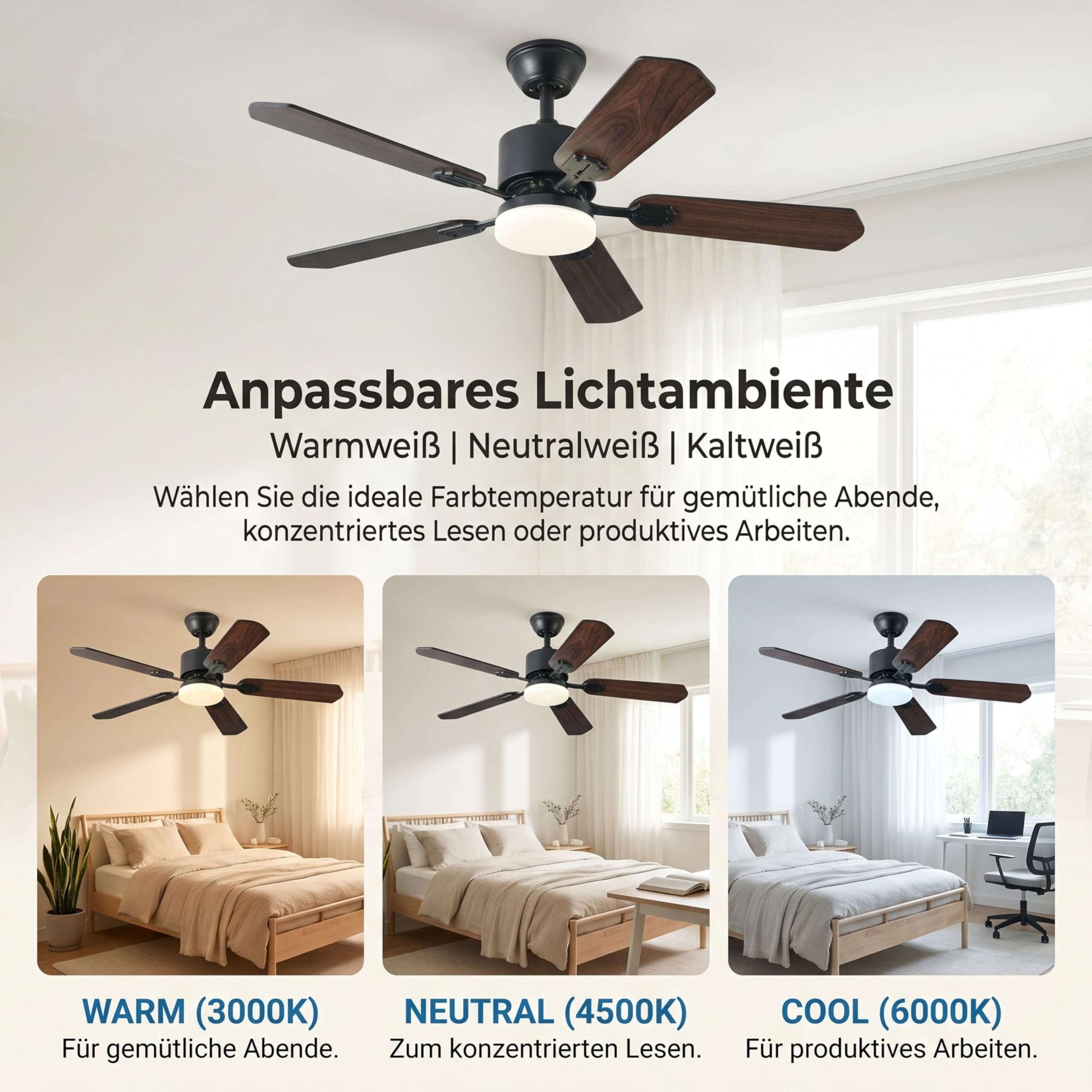 Deckenventilator mit Beleuchtung 3 Farbtemperatur und 6 Geschwindigkeiten LED Deckenventilator mit Lampe, APP/Fernbedienung, Timer, doppelseitige Flügel für Schlafzimmer Wohnzimmer (Schwarz, 108CM)