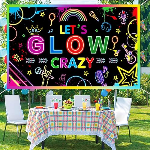 Miniatura 3 de Let's Glow Crazy Backdrop, cartel de cumpleaños con temática de neón de 70.8 x 43.3 pulgadas, decoraciones de fiesta, fondo de fotografía bailarina