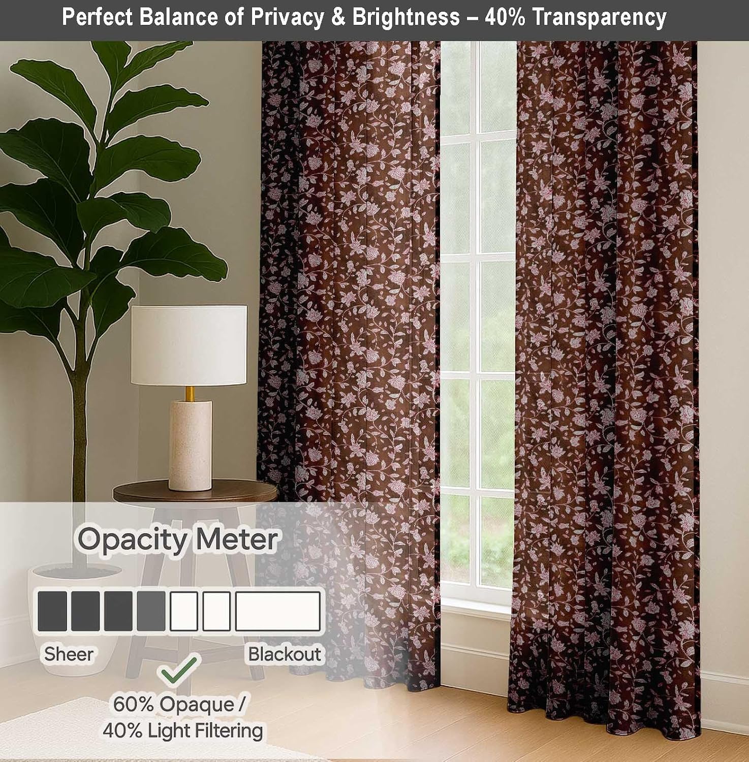 Cotton Curtains for Windows - 3-in-1 Rod Pocket/Back Tab Short Window Drapes - Light Filtering Cotton Canvas Panels - Set of 2, 52"x63" - Floral Print (Brown)
