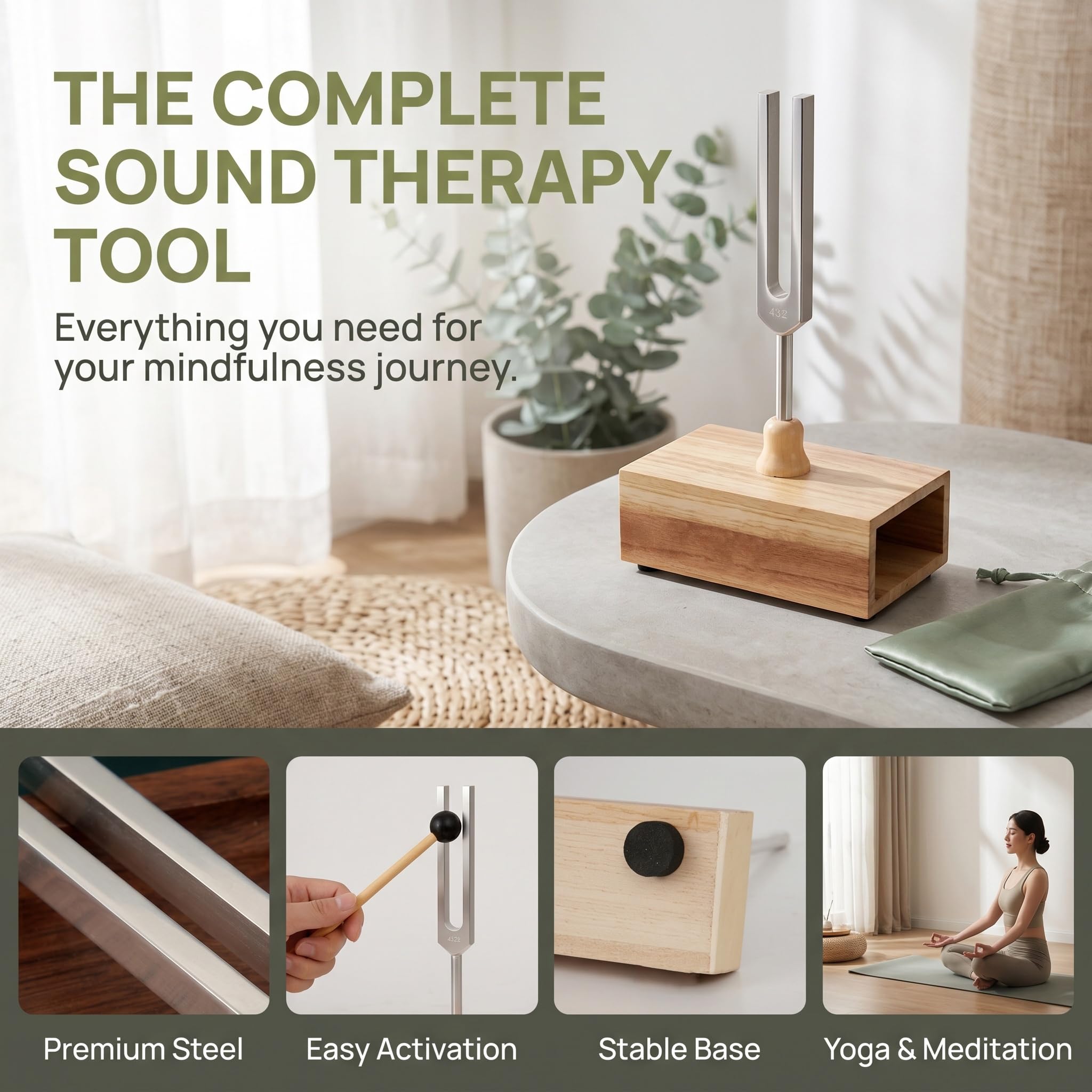 Diapason pour guérison, instruments de guérison sensorielle en aluminium avec percuteur et base en bois pour soulager le stress, le sommeil, le yoga, la méditation 432 Hz + 528 Hz