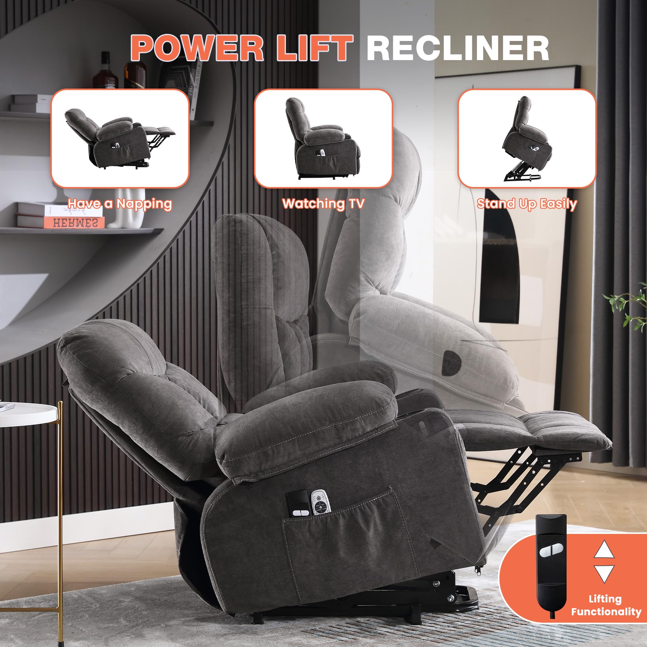 Condition photo showing Good Condition for power lift recliner chair for elderly with vibration massage and lumbar heating, electric lift recliner single sofa with side pocket, two cup holders and usb charge port for living room