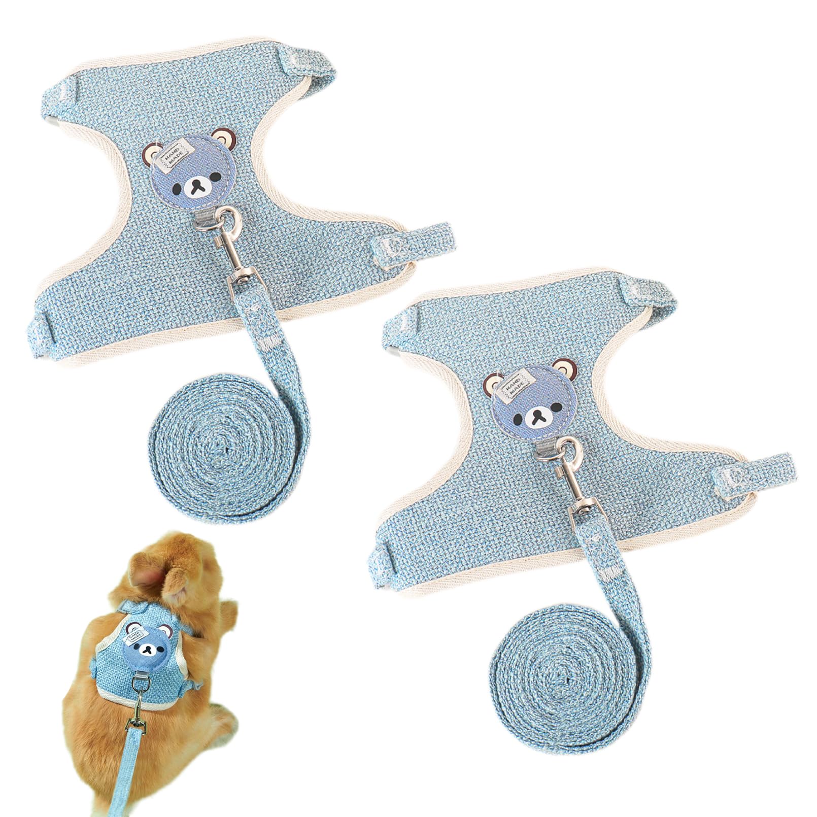 Set di 2 pettorina e guinzaglio per coniglio, morbido, regolabile, colore: blu