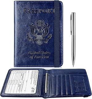 Passport and Vaccine Card Holder Combo, Leather Passport Wallet RFID Blocking with Elastic Strap & Pen Travel Passport Cover Case, Passport Holder with Vaccination Card Slot, Blue