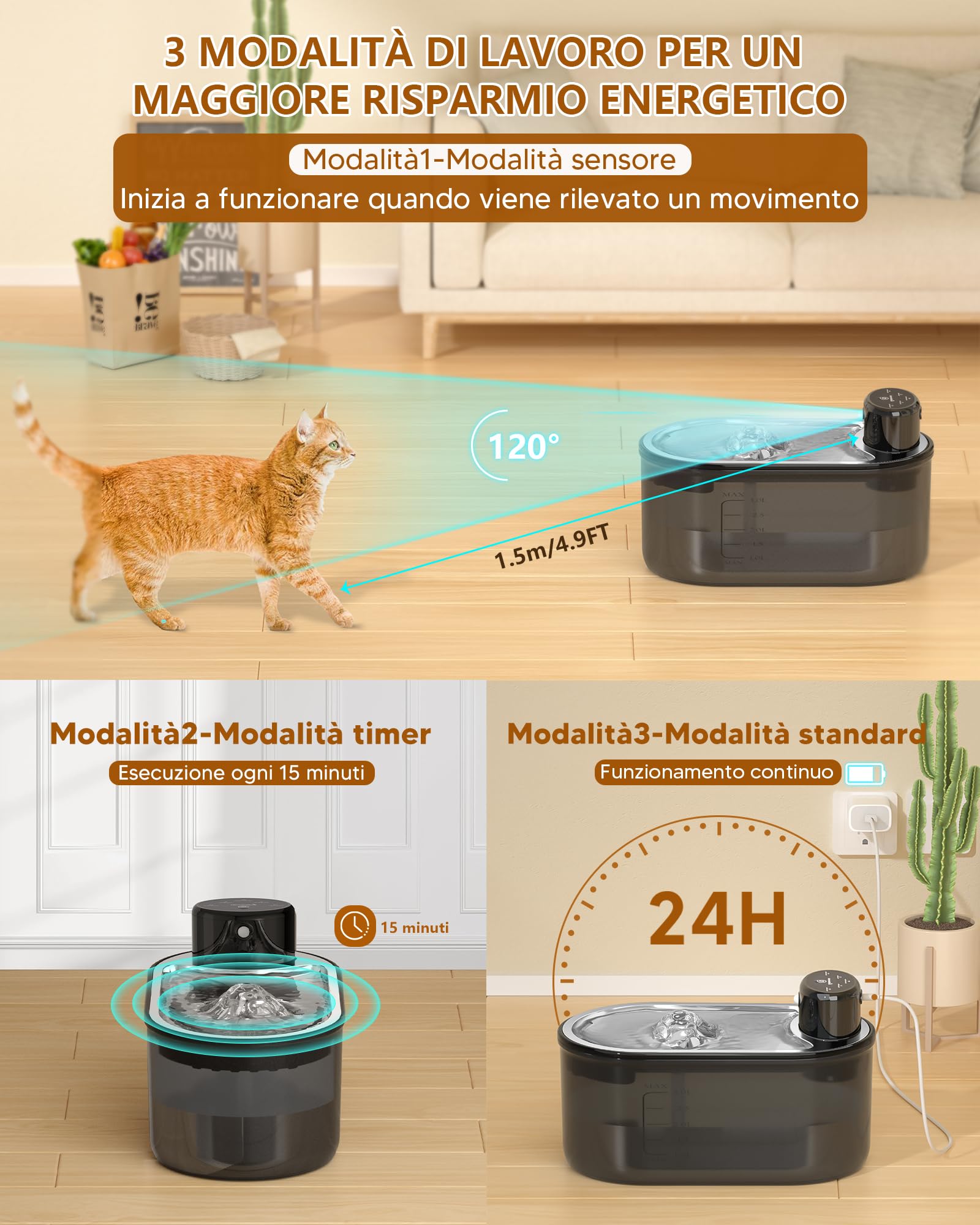 TOMXCUTE Fontanella per Gatti 3L con Batteria 5000mAh | Ciotola in acciaio inox, sensore di movimento e distribuzione automatica dell'acqua.