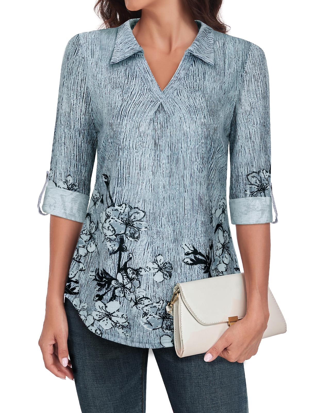 Akiooue Womens Long Sleeve Tops Roll Up 3/4 Sleeve V Neck Collared Polo Casual Work Office Tunic Blouses Tops S-XXL