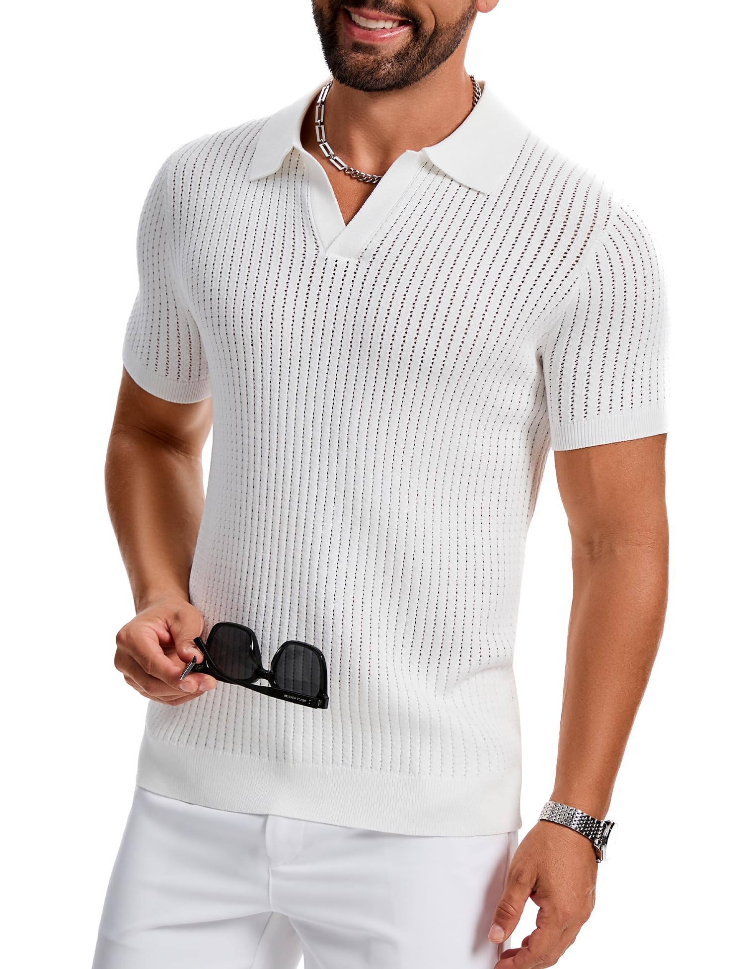 gigkik Mens Polo Shirts Ribbed Hollow Knit Polo Shirt Short Sleeve Muscle V Neck Golf Tees White L