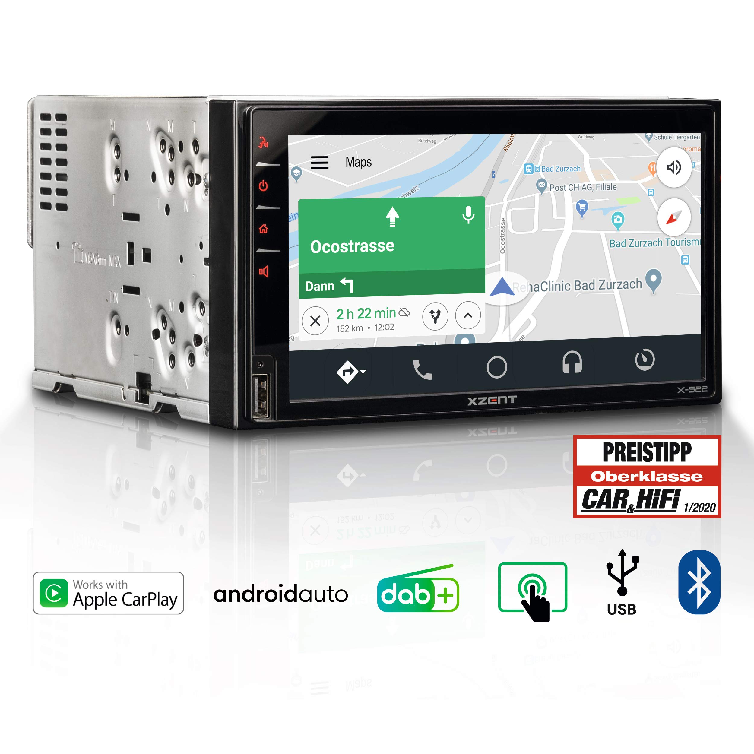 X-522: Infotainer, 2 Din Mediencenter, Multimediasystem mit 17,1 cm / 6,75“ Touchscreen, DAB+, Bluetooth, USB, Radio, Autoradio mit Apple CarPlay und Google Android Auto